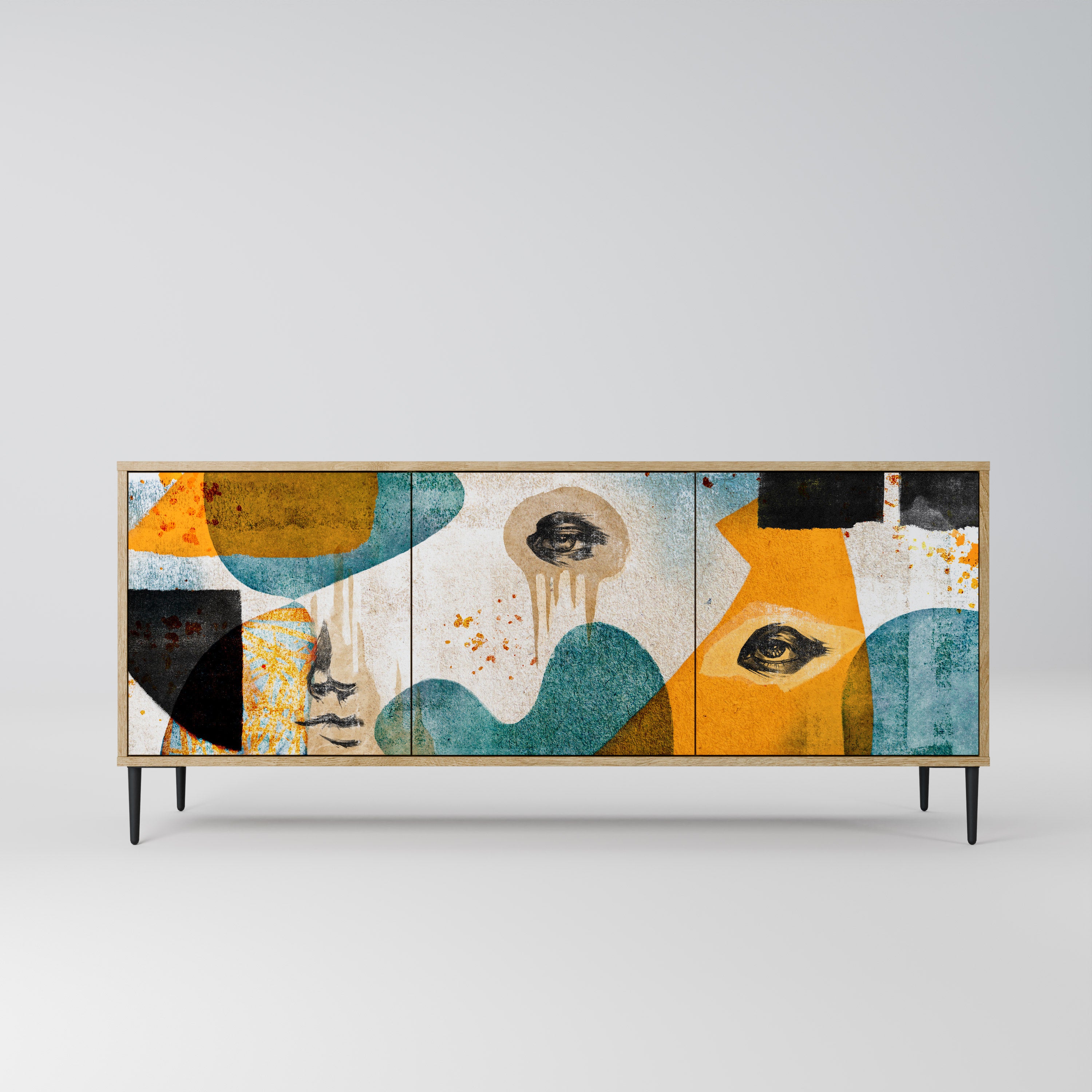 ABSTRACT FACES 3-Door Sideboard in Oak Effect