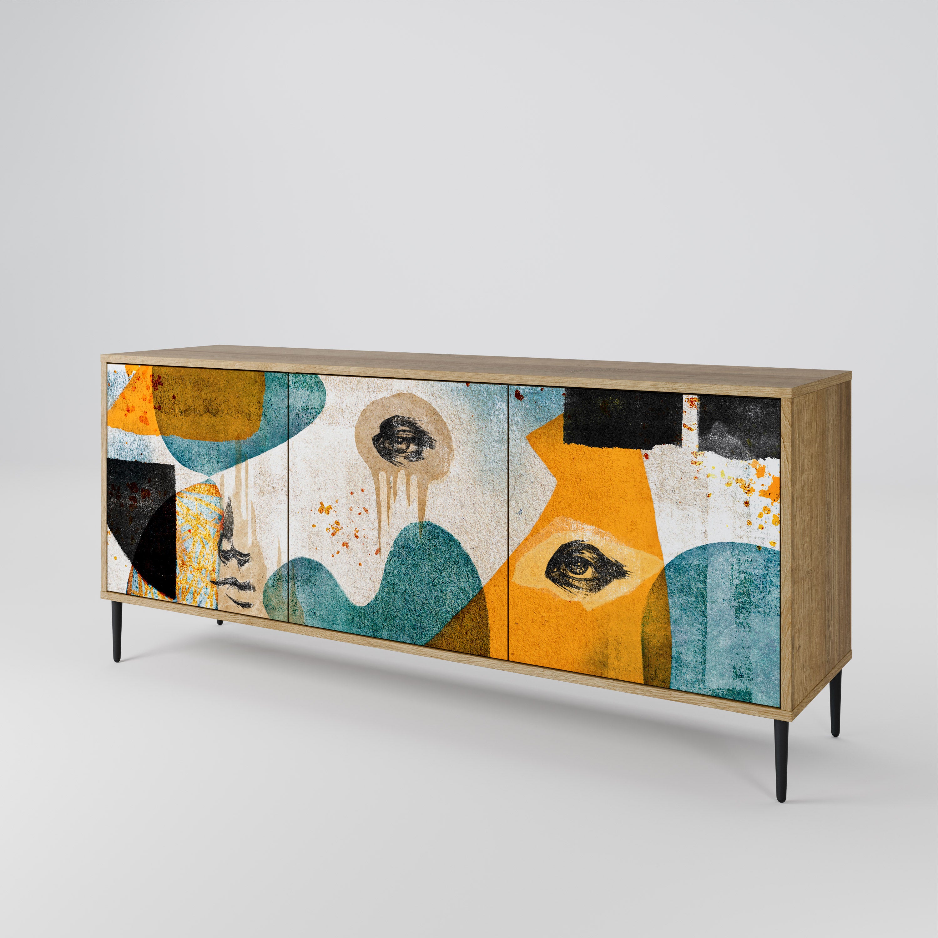 ABSTRACT FACES 3-Door Sideboard in Oak Effect