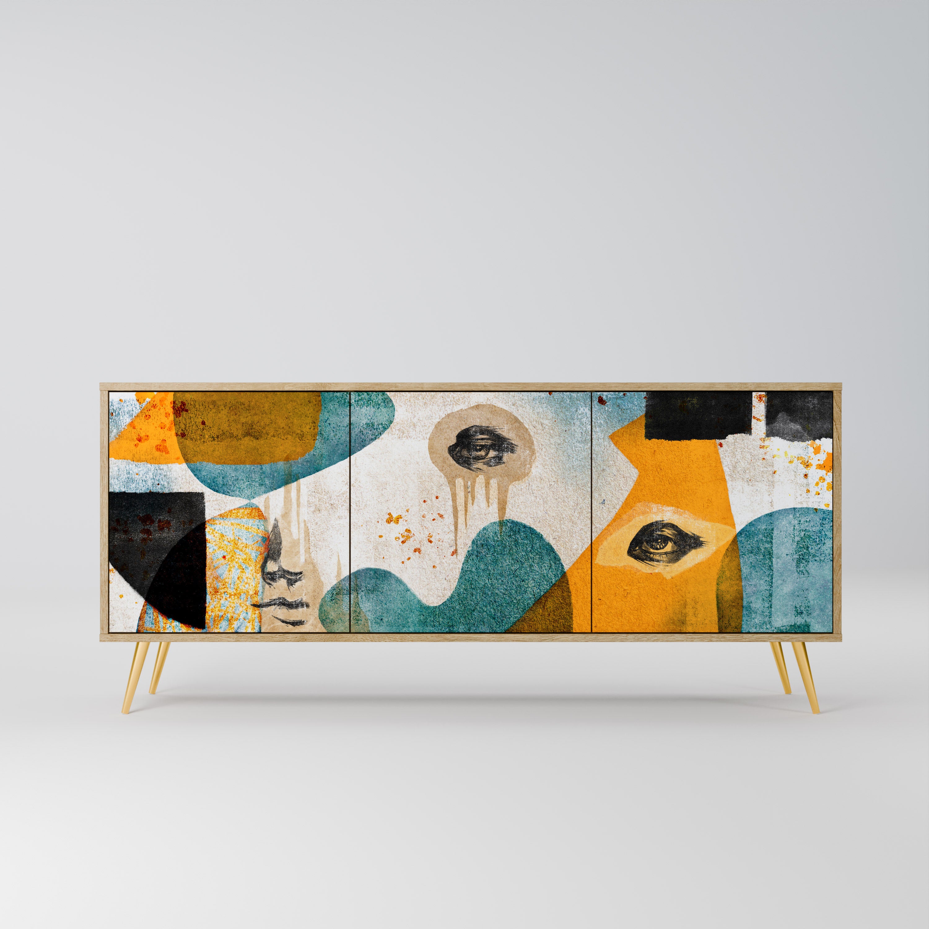 ABSTRACT FACES 3-Door Sideboard in Oak Effect