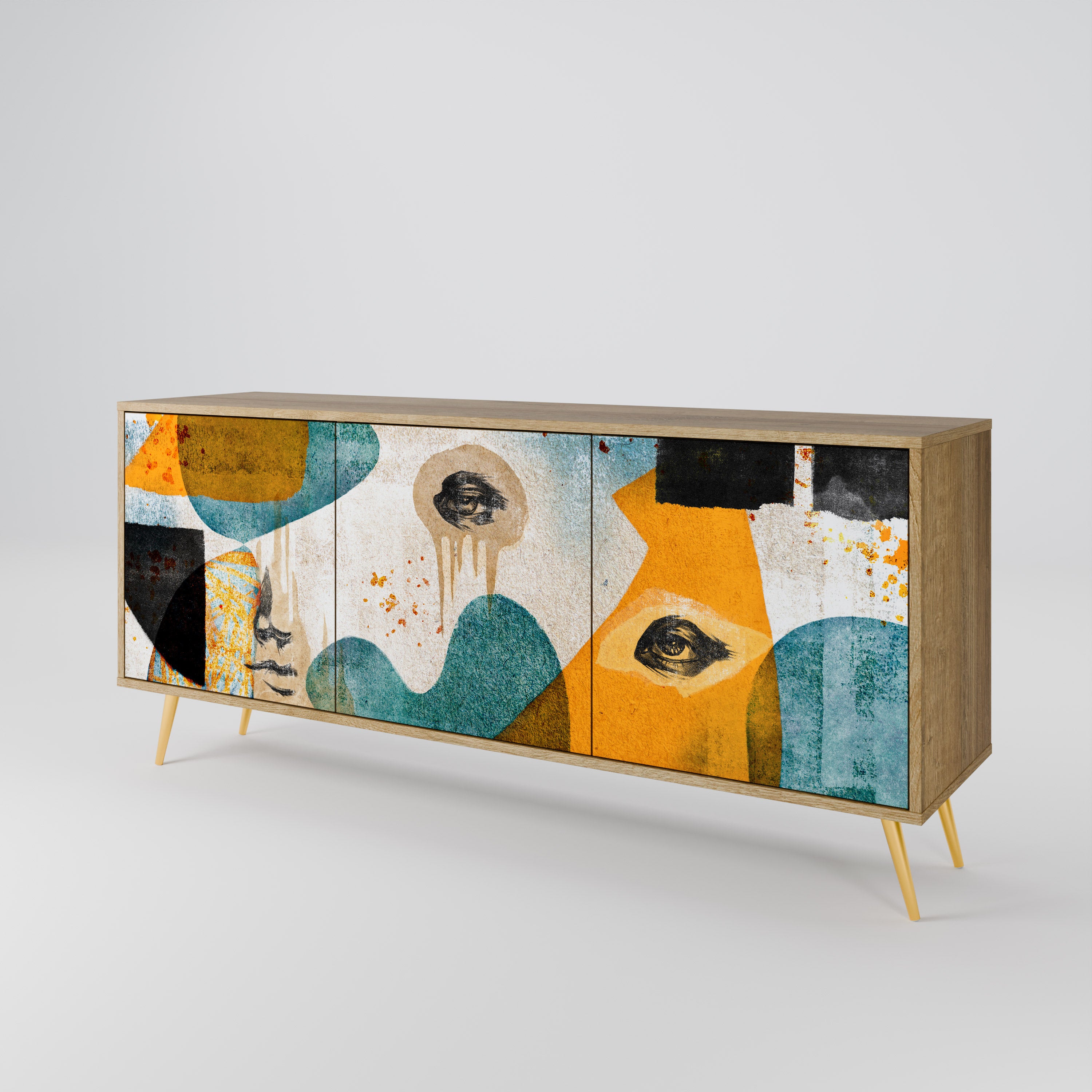 ABSTRACT FACES 3-Door Sideboard in Oak Effect