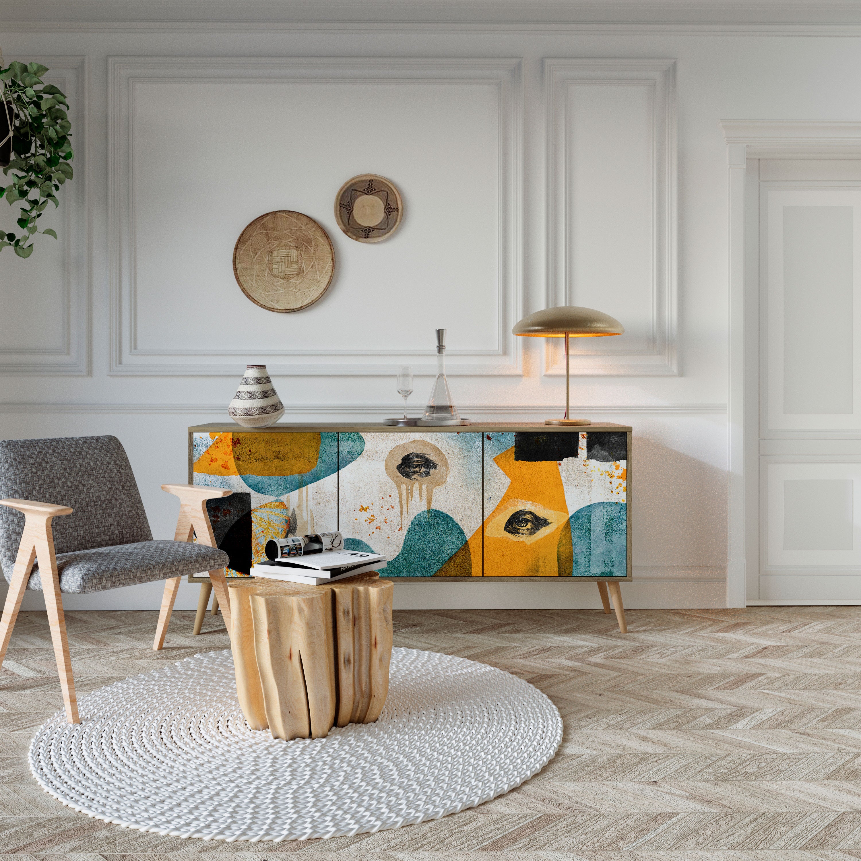 ABSTRACT FACES 3-Door Sideboard in Oak Effect