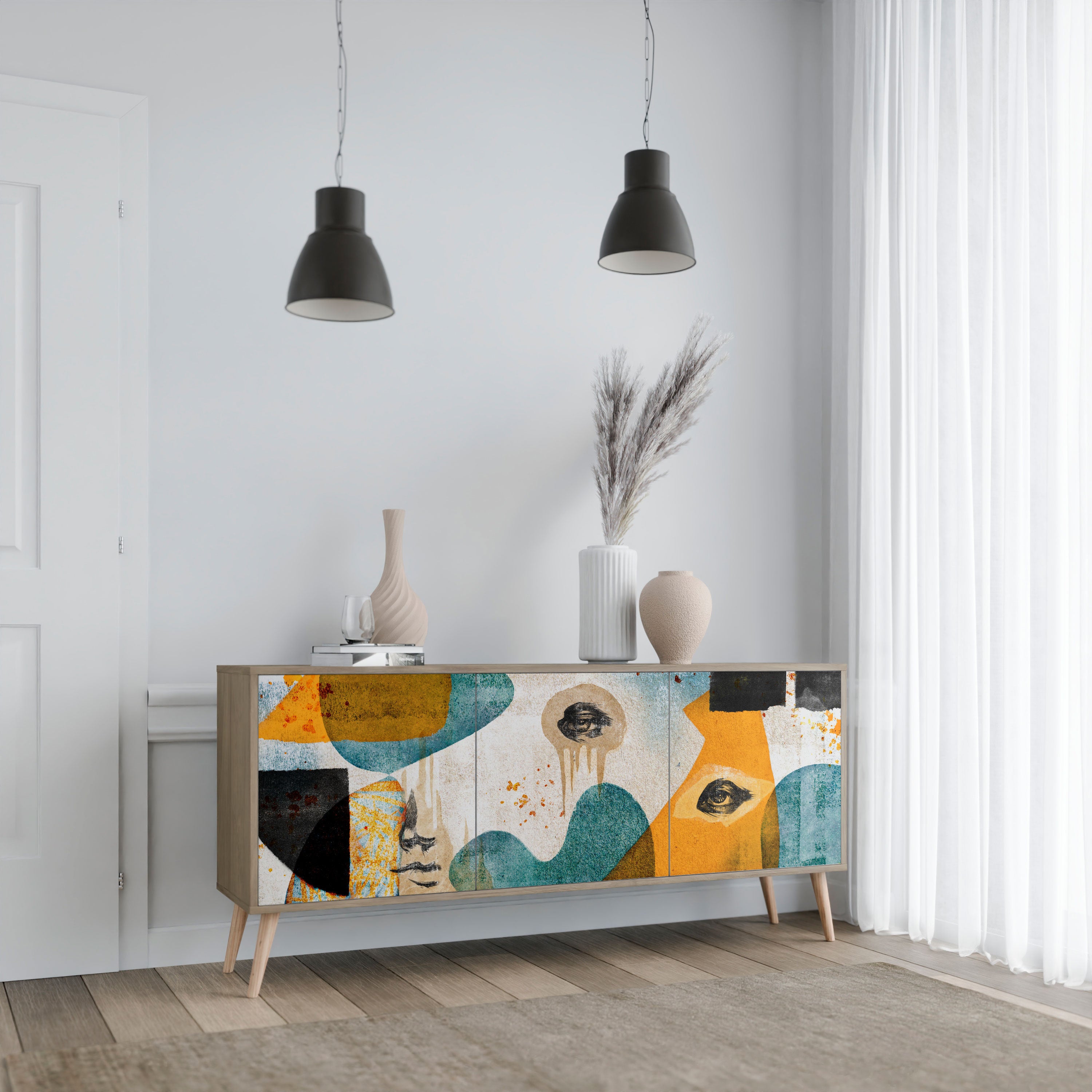 ABSTRACT FACES 3-Door Sideboard in Oak Effect