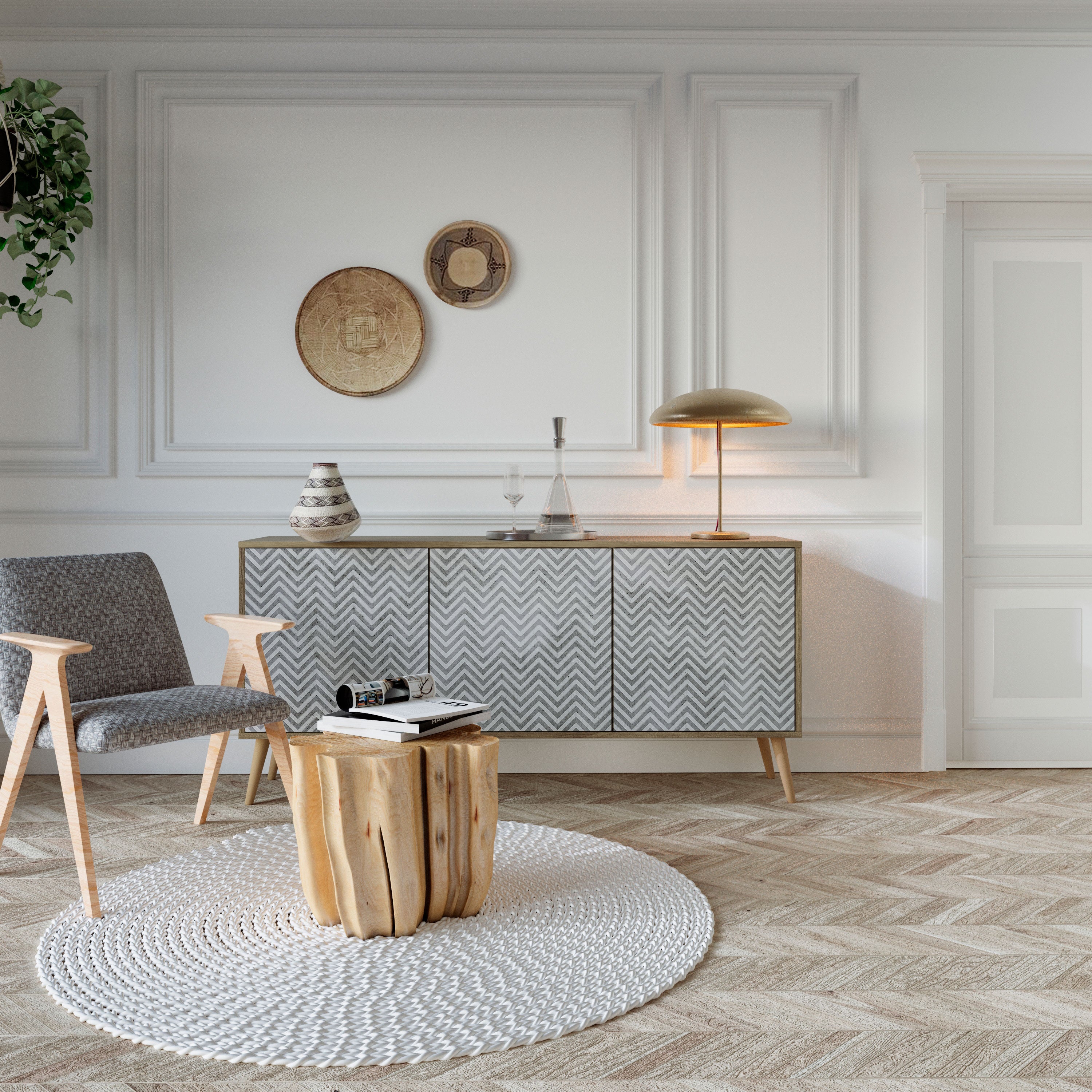 CONCRETE ZIG ZAG 3-Door Sideboard in Oak Effect