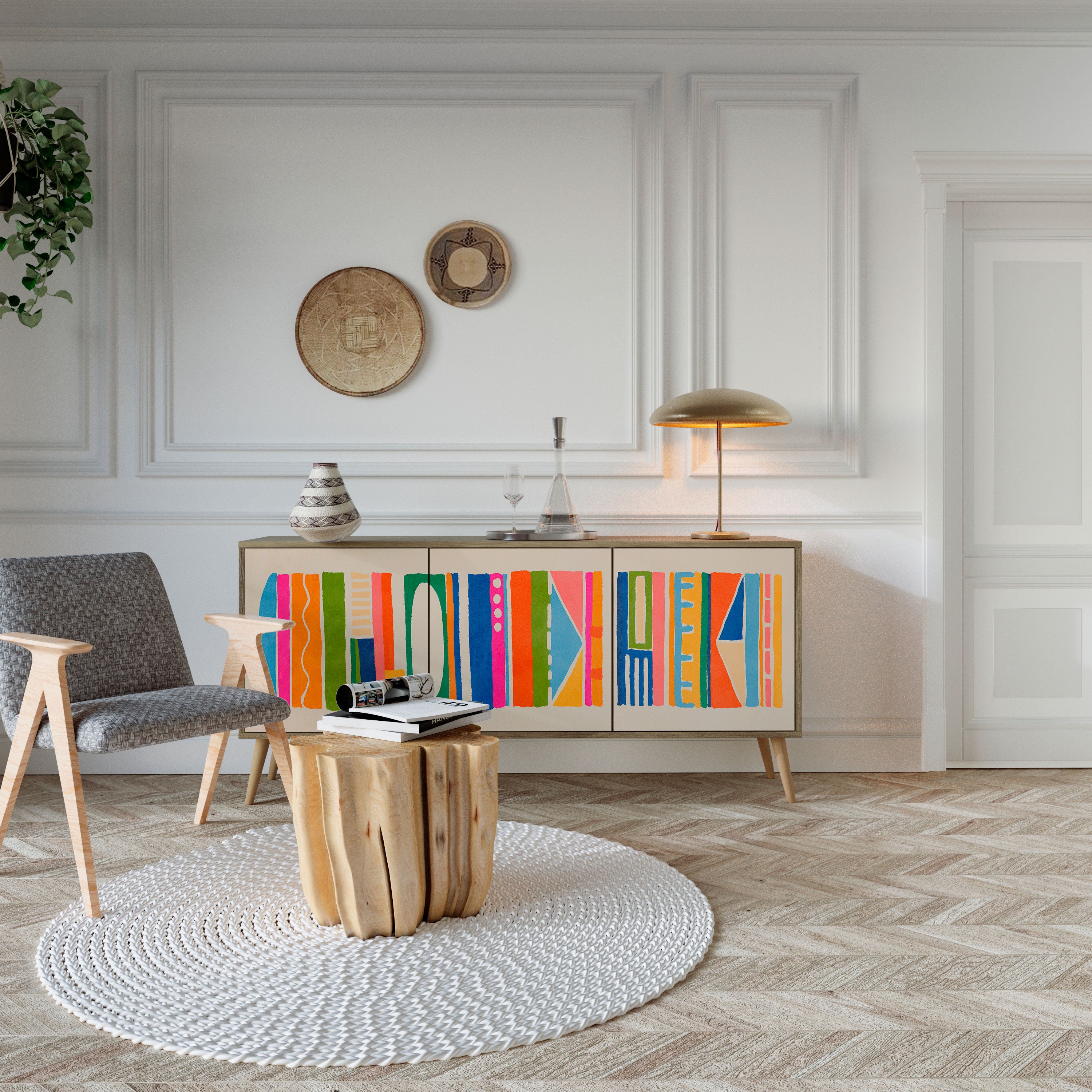 GEOMETRIC SHINE 3-Door Sideboard in Oak Effect