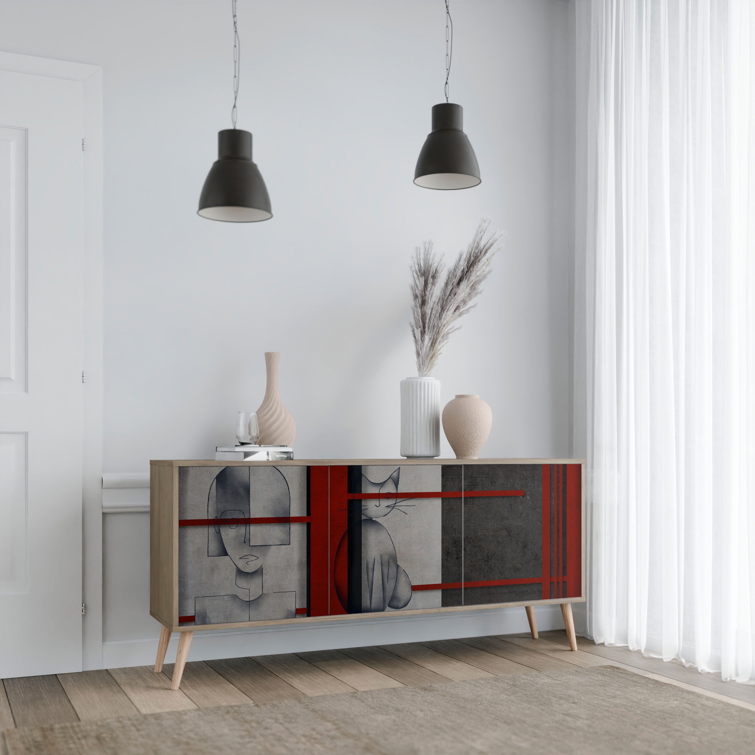 GRAY FIGURES 3-Door Sideboard in Oak Effect