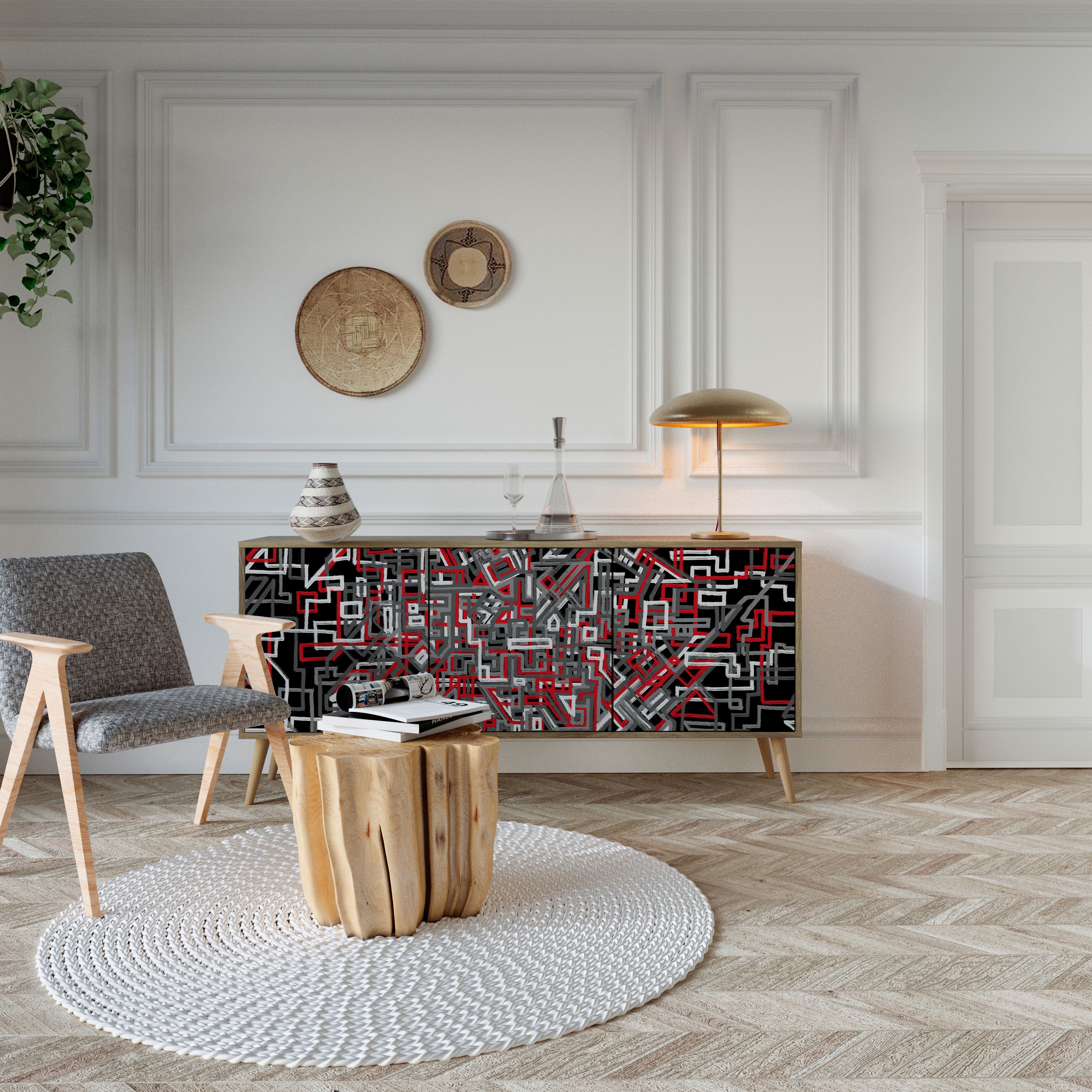 BROKEN LINES 3-Door Sideboard in Oak Effect
