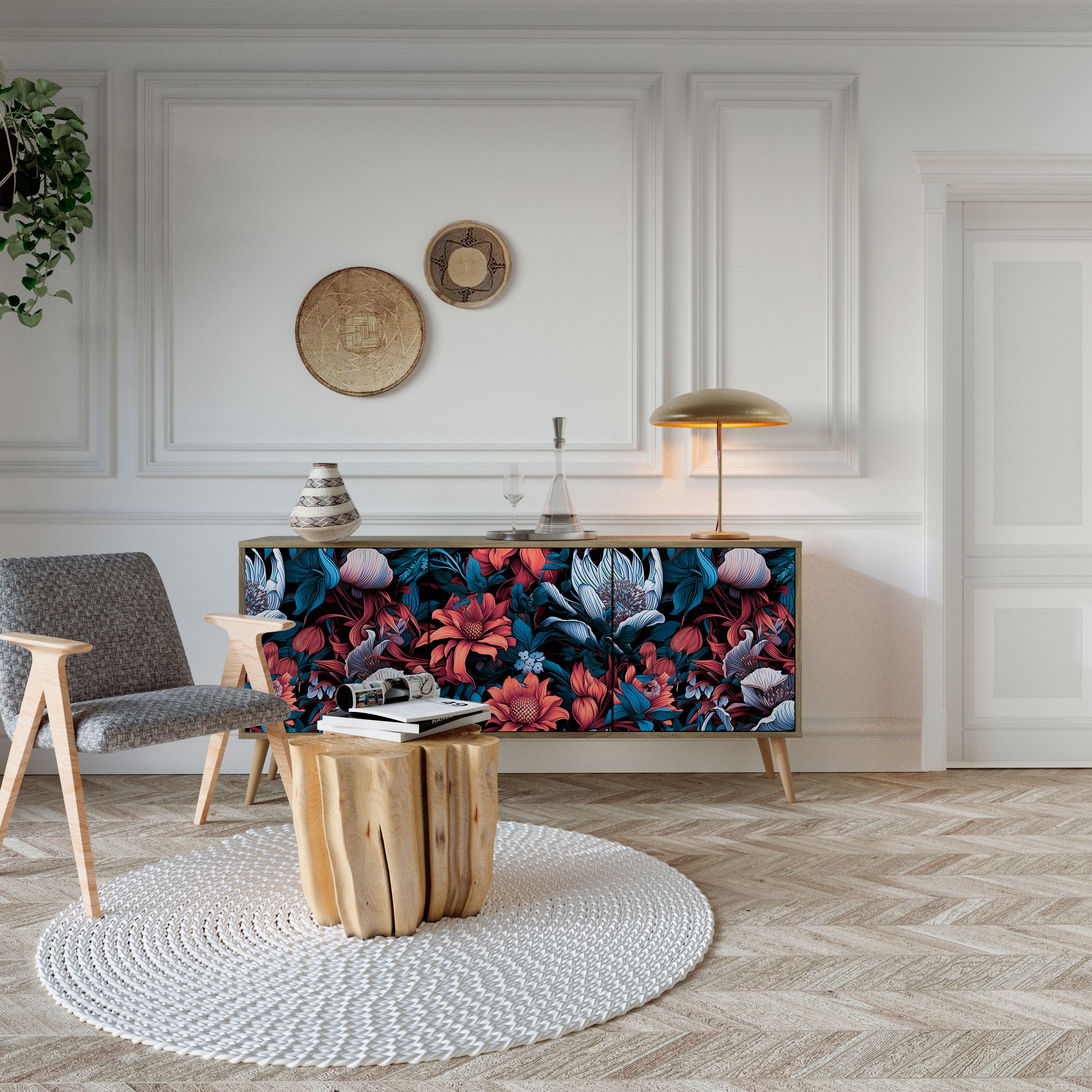 ETHEREAL BLOSSOMS 3-Door Sideboard in Oak Effect