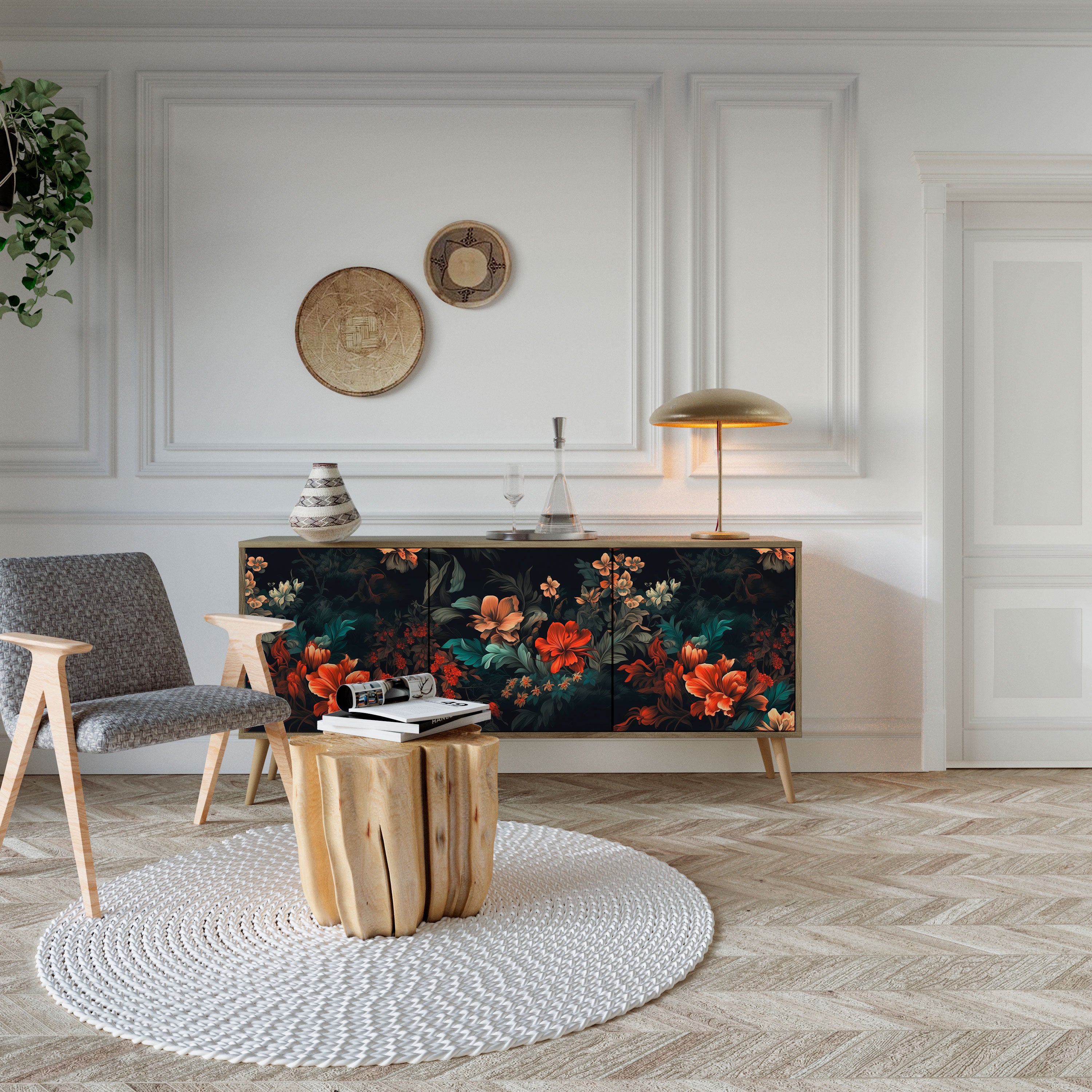 IMAGINARY BLOSSOM 3-Door Sideboard in Oak Effect