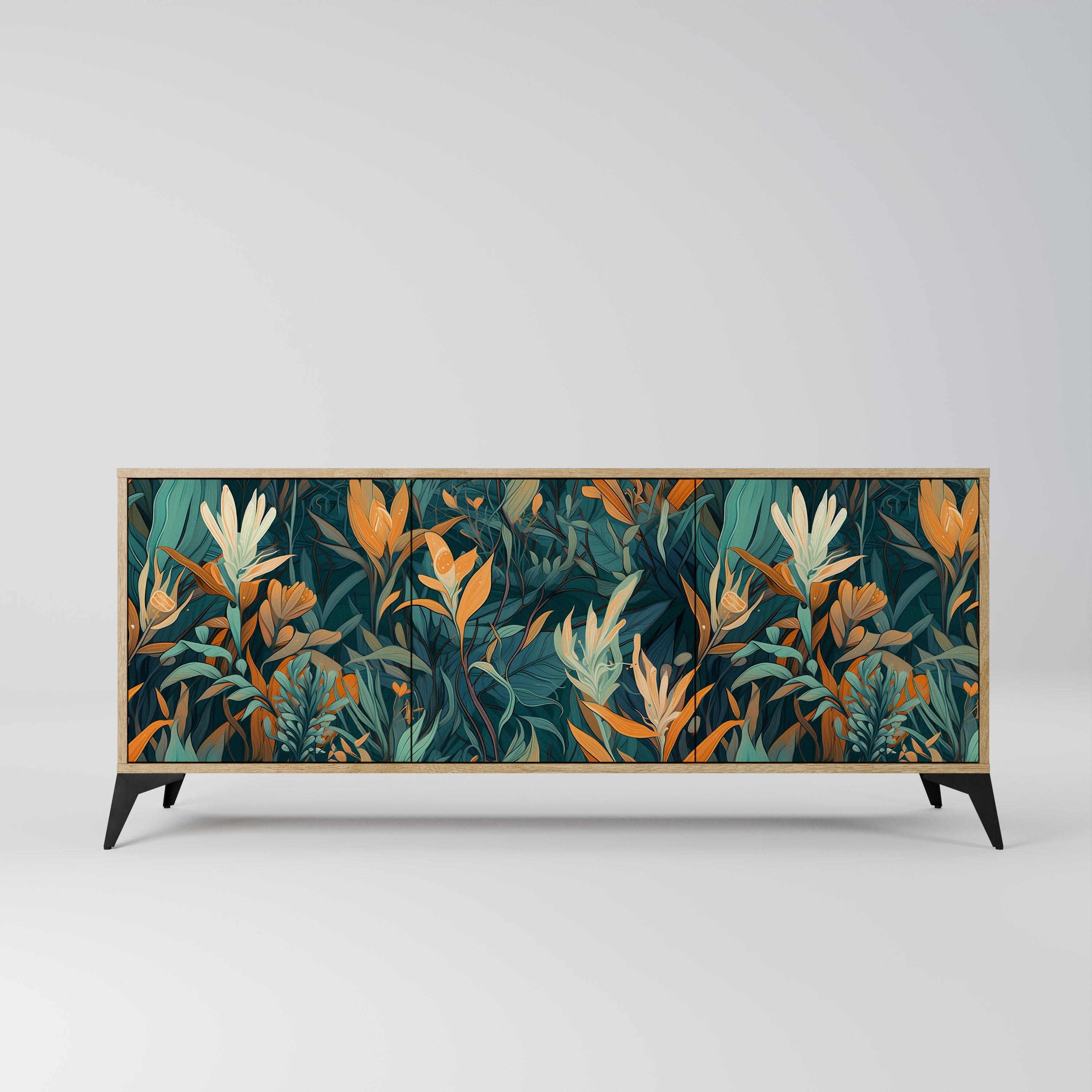 FLORAL SERENITY 3-Door Sideboard in Oak Effect