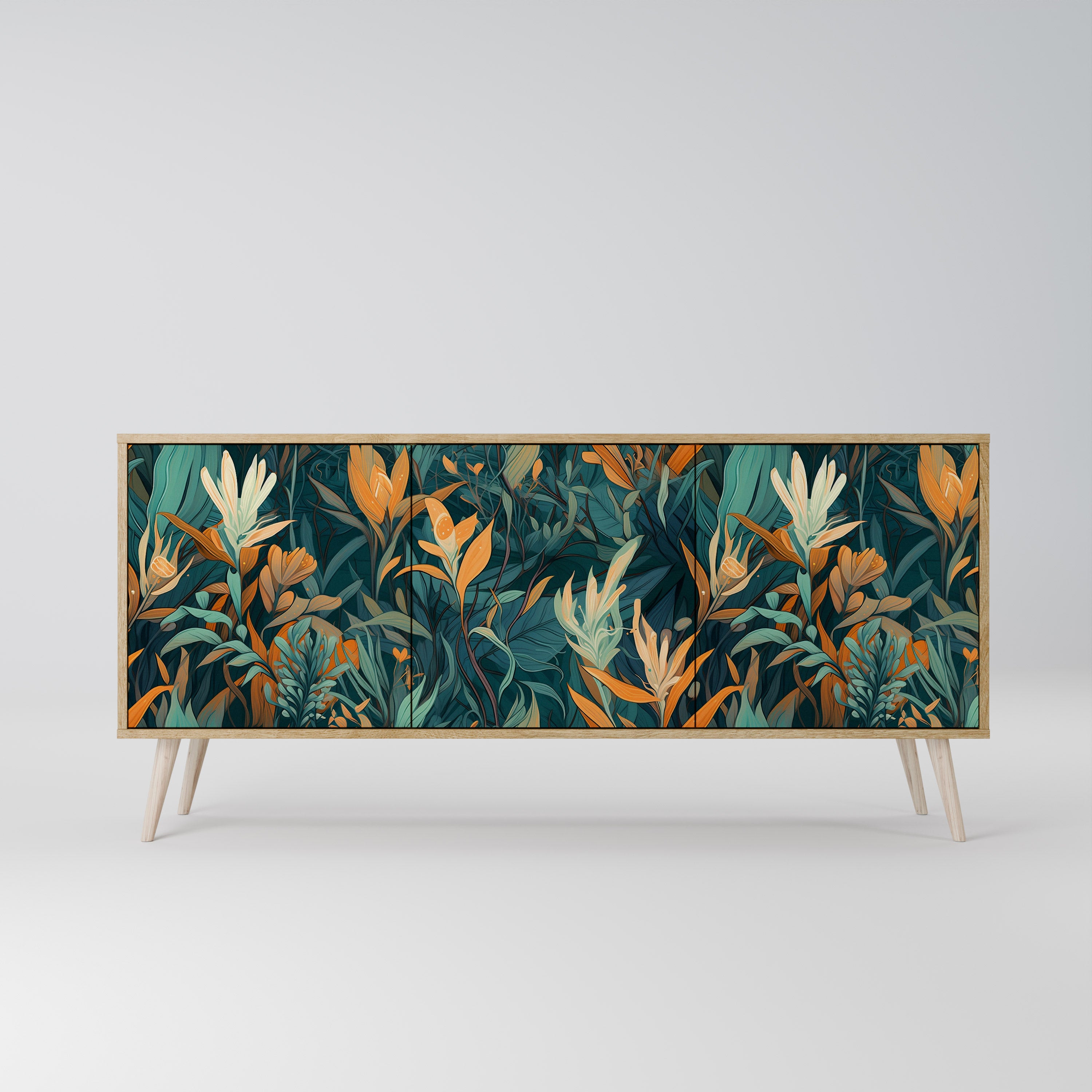 FLORAL SERENITY 3-Door Sideboard in Oak Effect