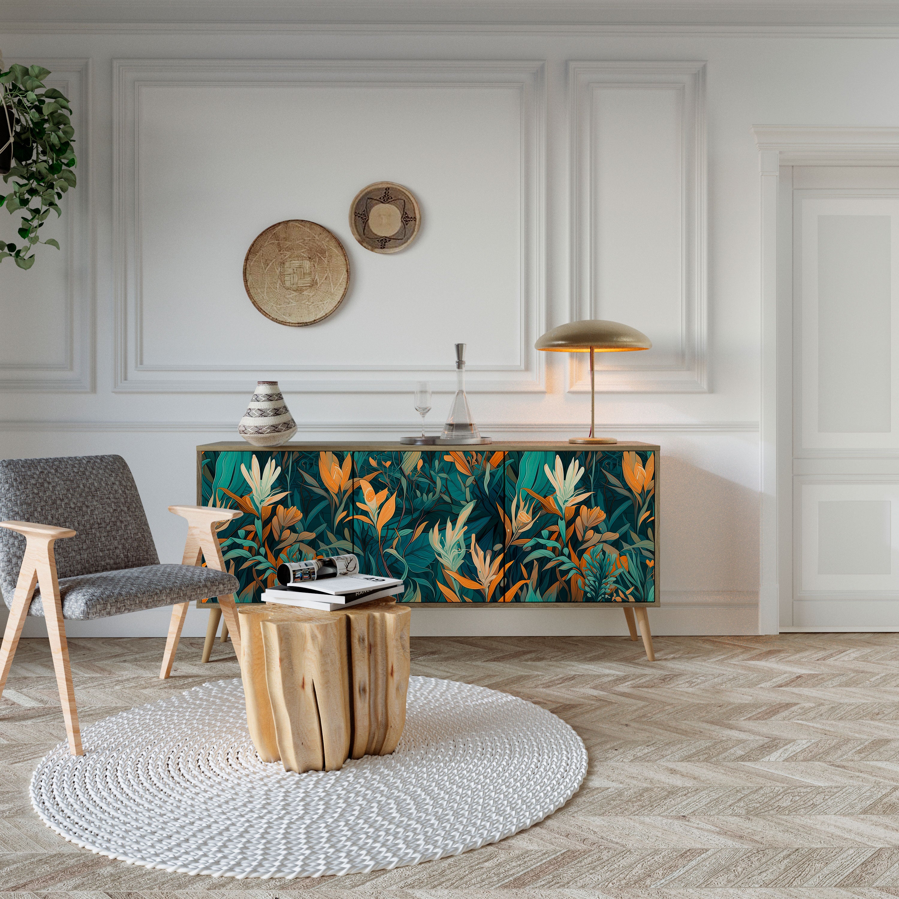 FLORAL SERENITY 3-Door Sideboard in Oak Effect