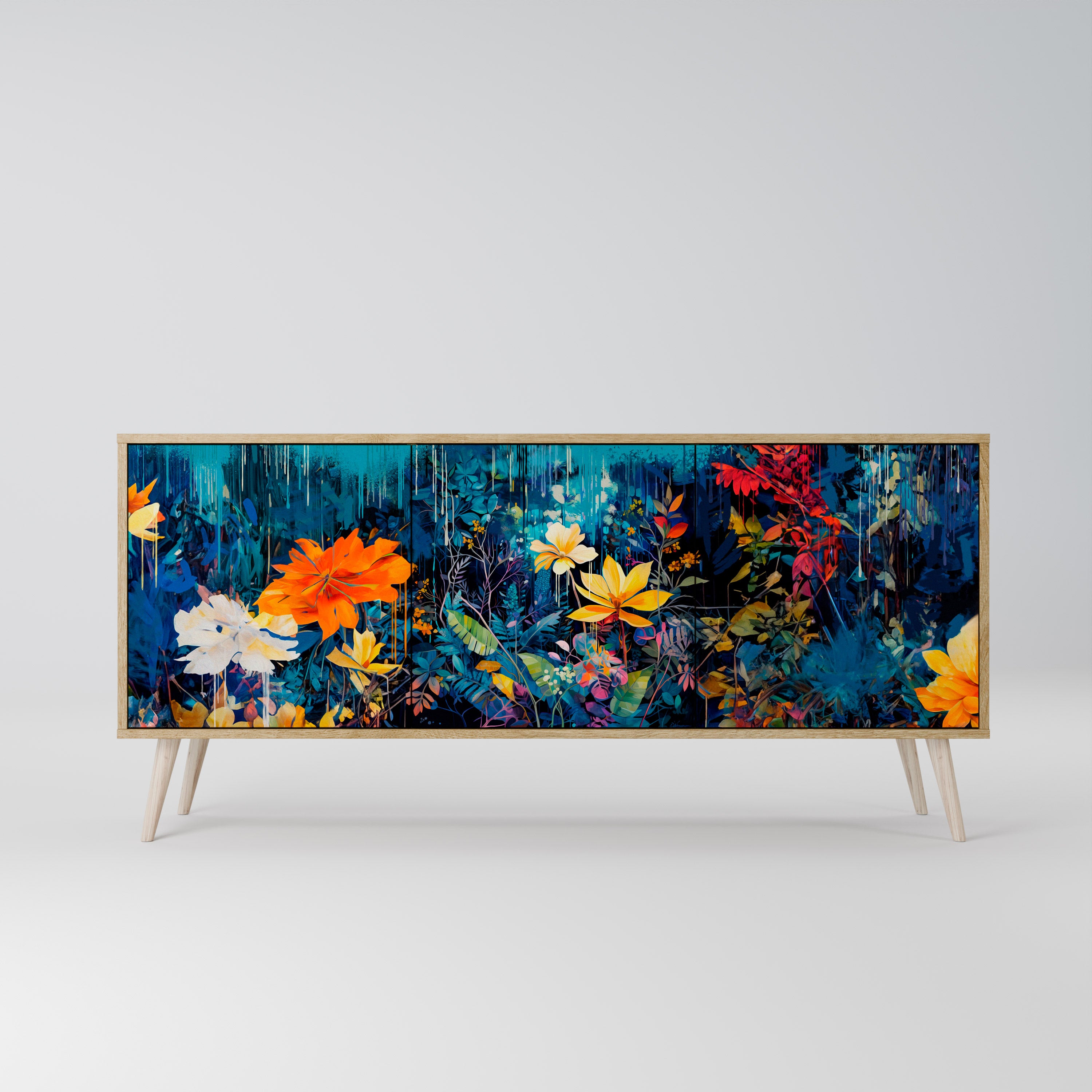 MIDNIGHT BLOSSOM 3-Door Sideboard in Oak Effect