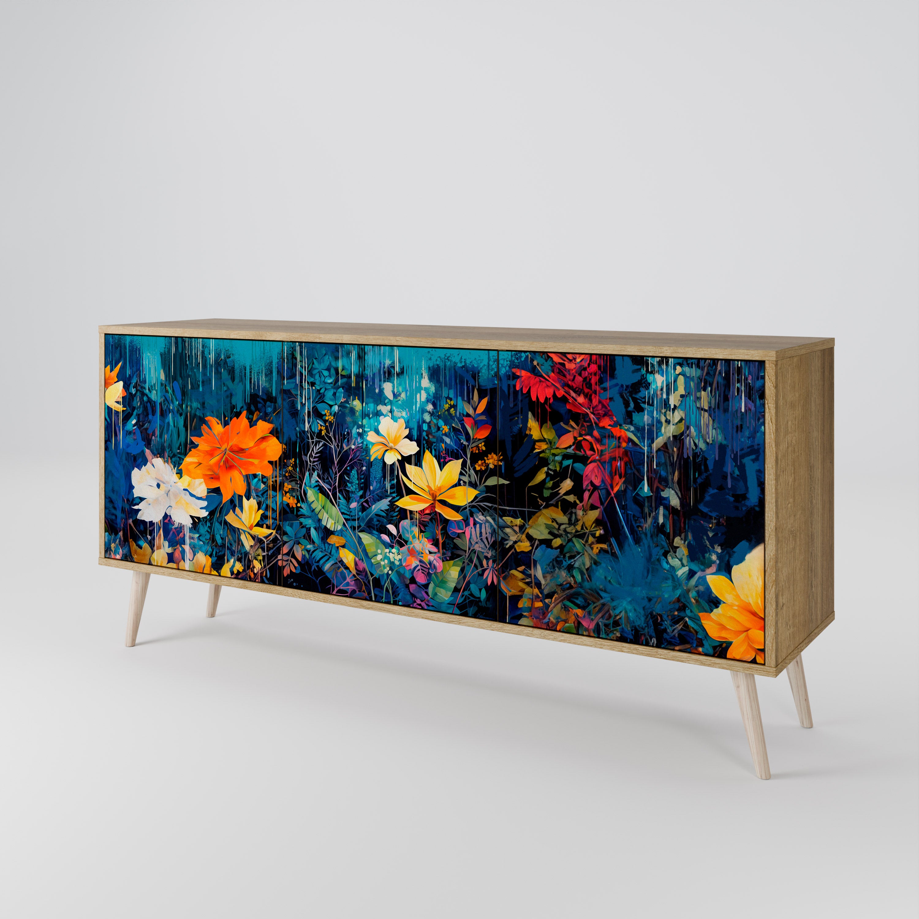 MIDNIGHT BLOSSOM 3-Door Sideboard in Oak Effect