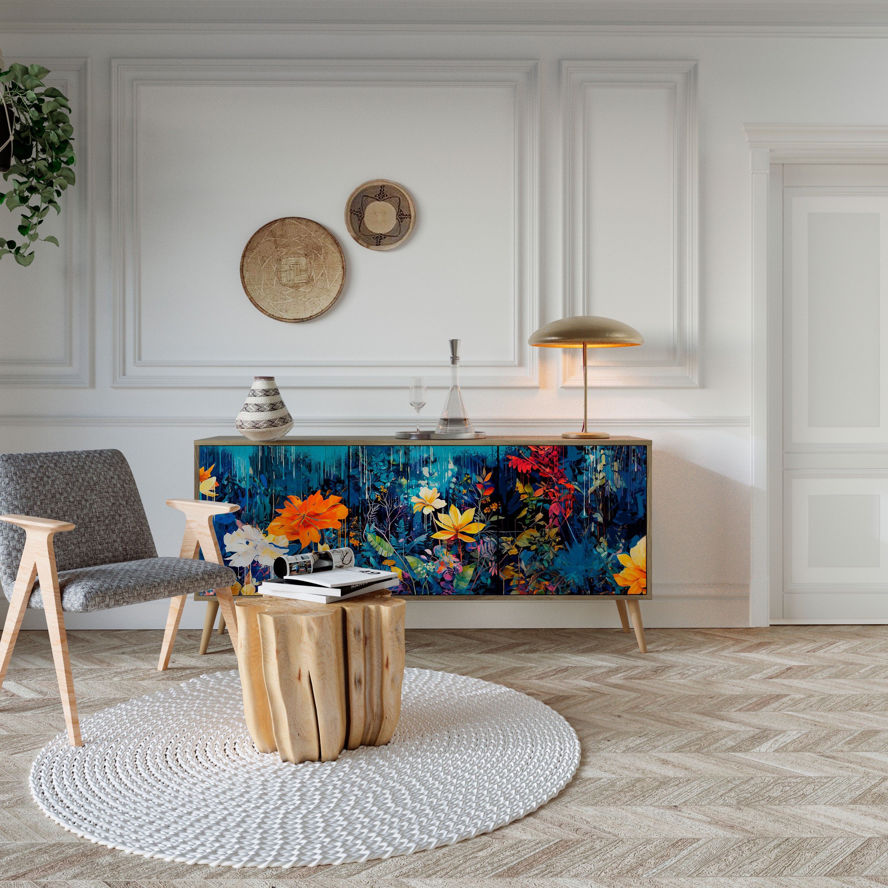 MIDNIGHT BLOSSOM 3-Door Sideboard in Oak Effect