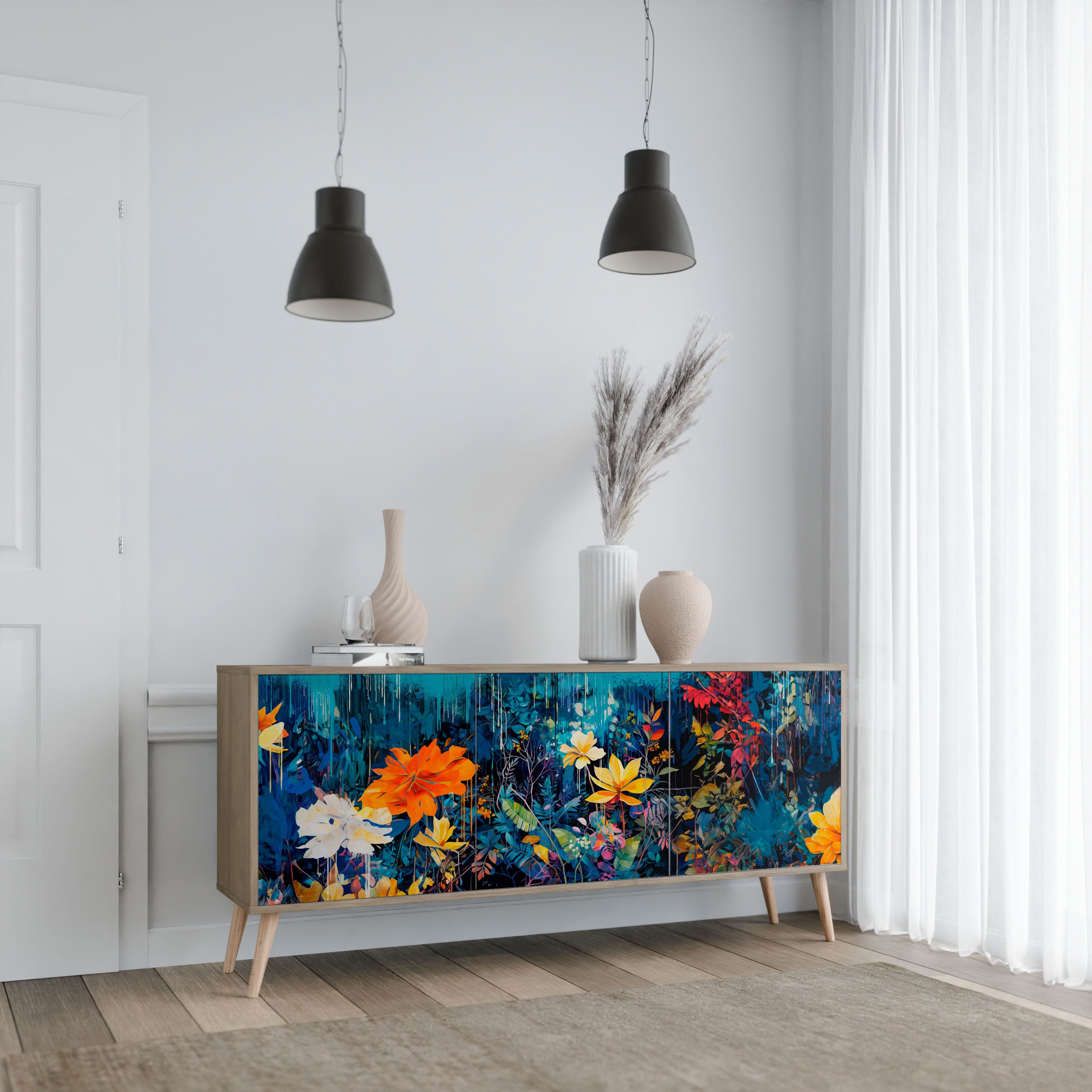 MIDNIGHT BLOSSOM 3-Door Sideboard in Oak Effect