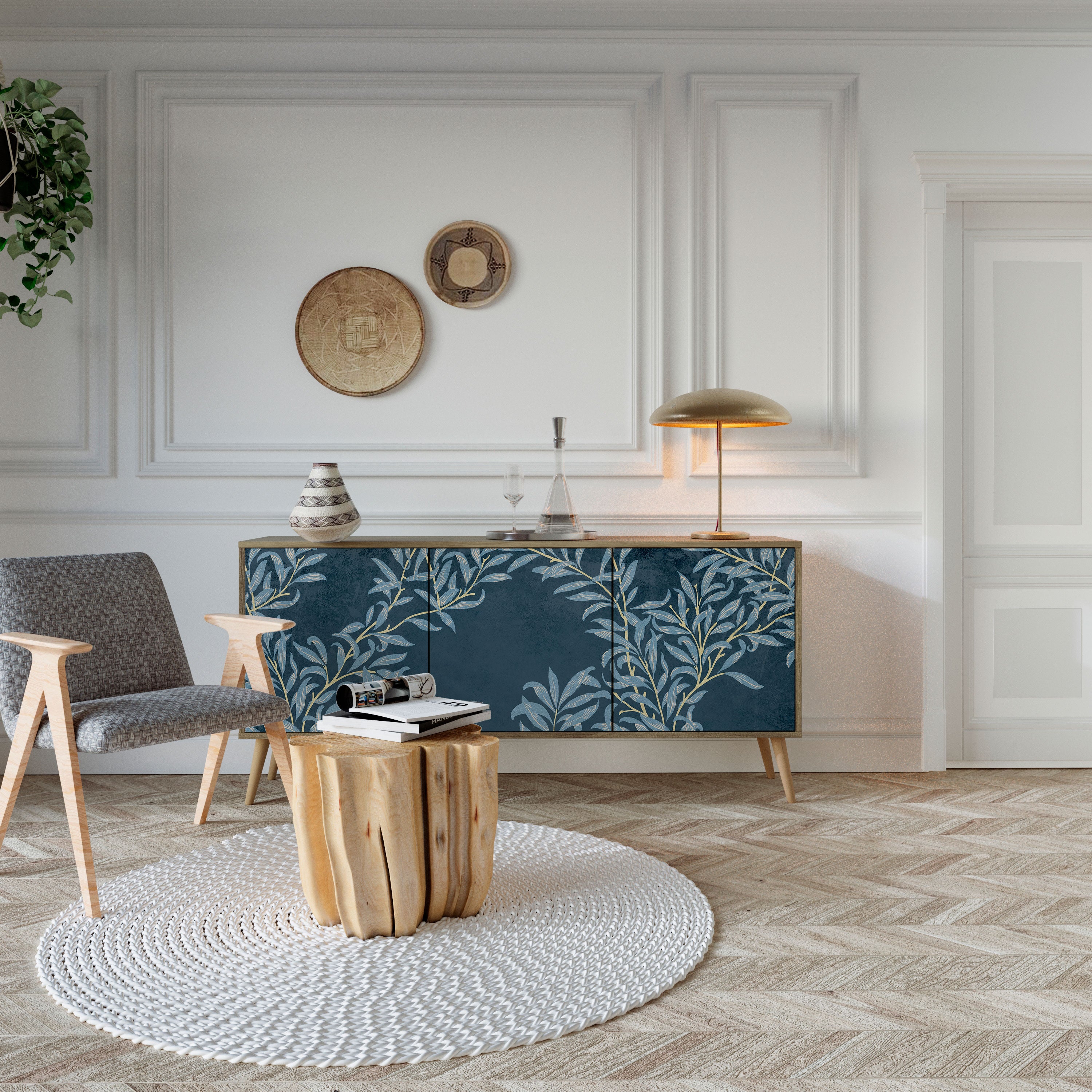 BLUE LEAVES 3-Door Sideboard in Oak Effect