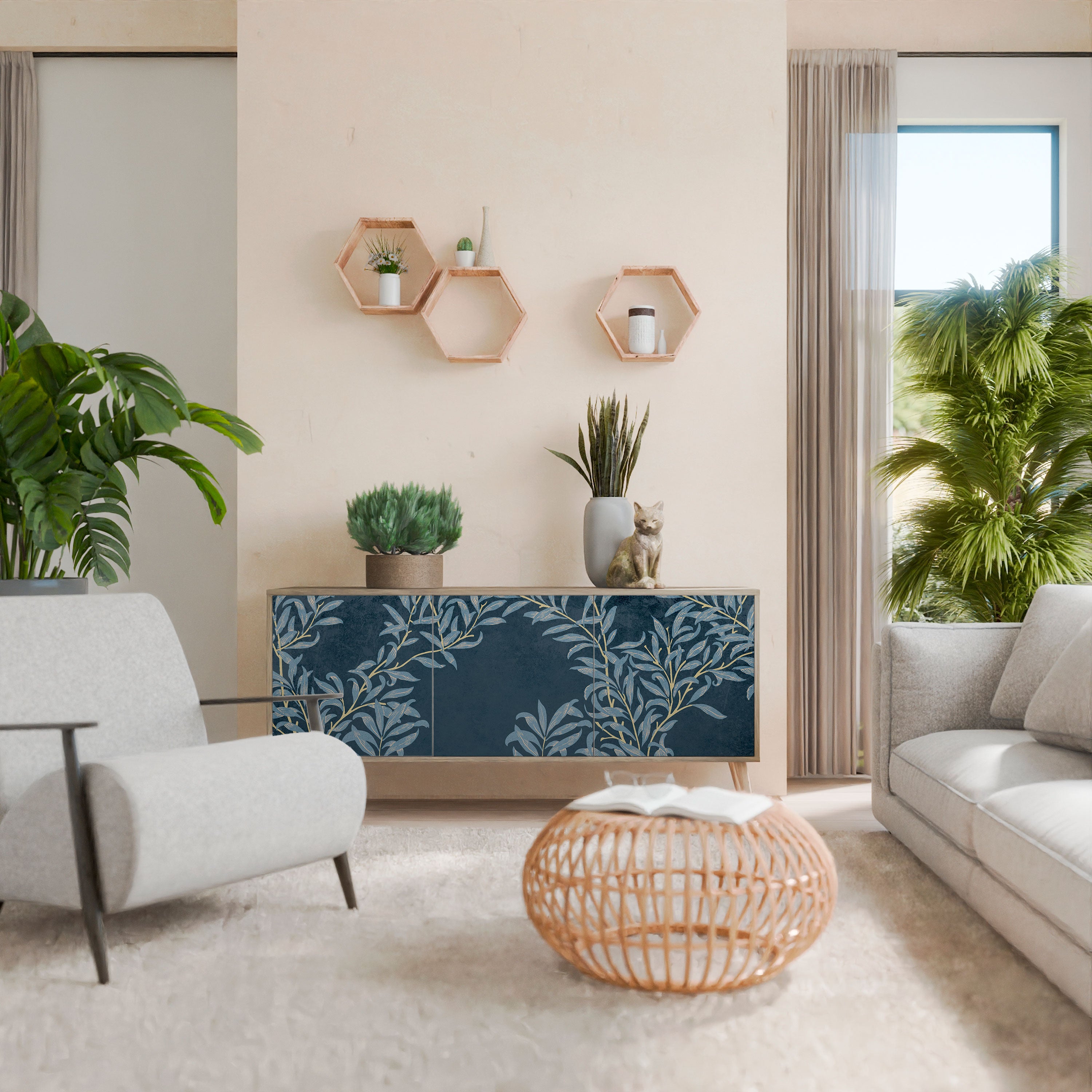 BLUE LEAVES 3-Door Sideboard in Oak Effect