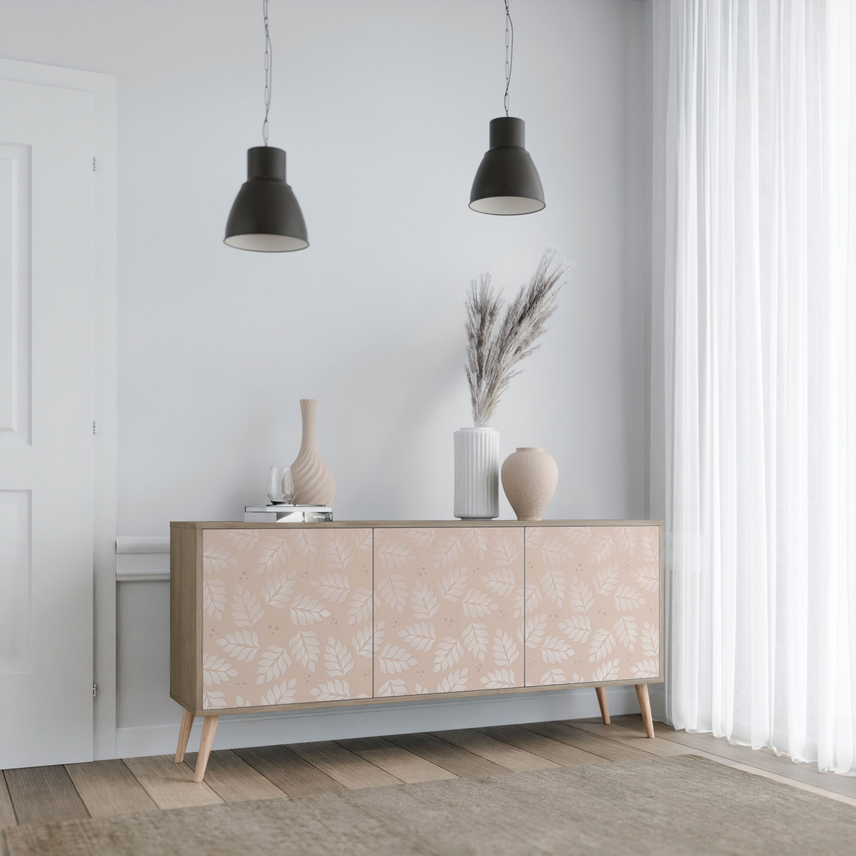 LEAVES ON BEIGE 3-Door Sideboard in Oak Effect