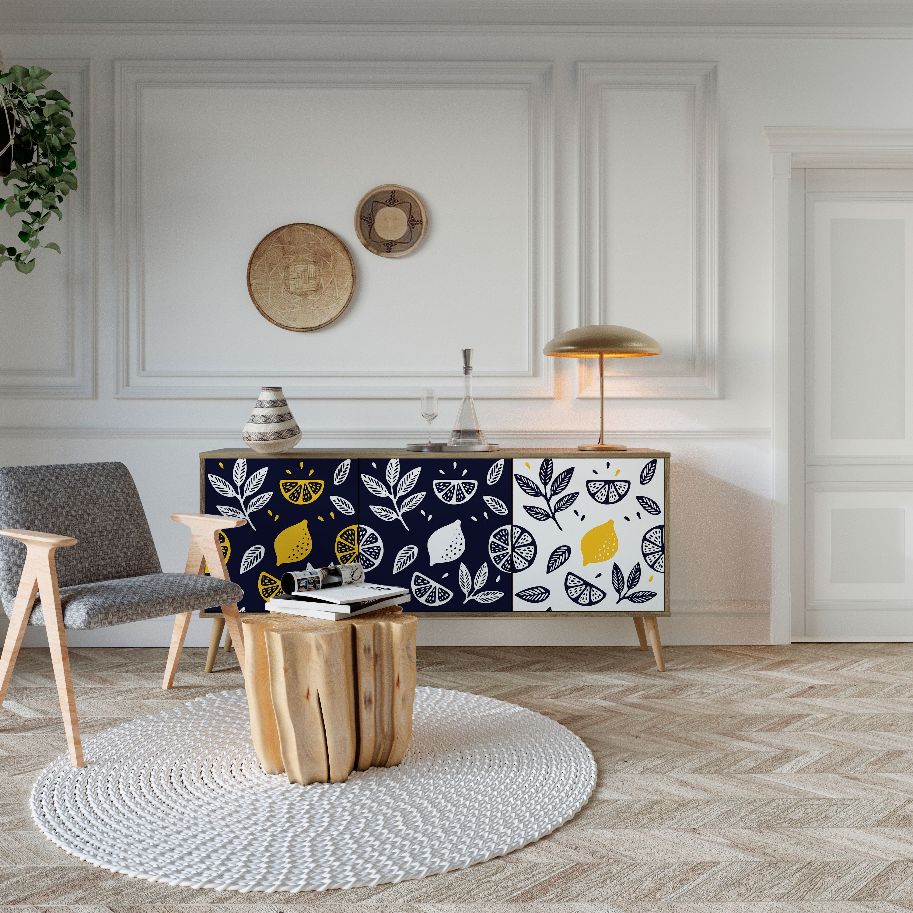 CITRUS BLACK AND WHITE 3-Door Sideboard in Oak Effect