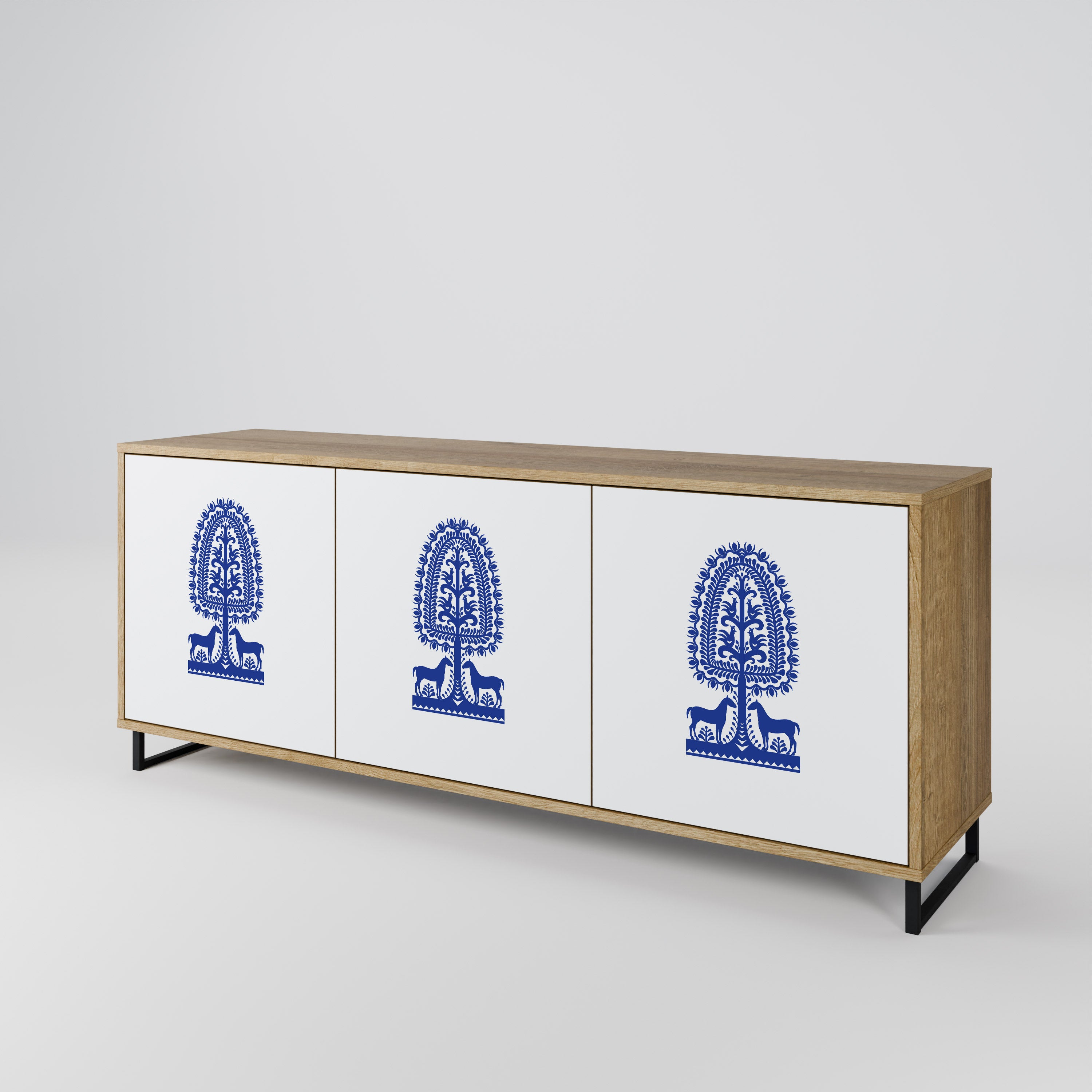 POLISH FOLK ART 3-Door Sideboard in Oak Effect