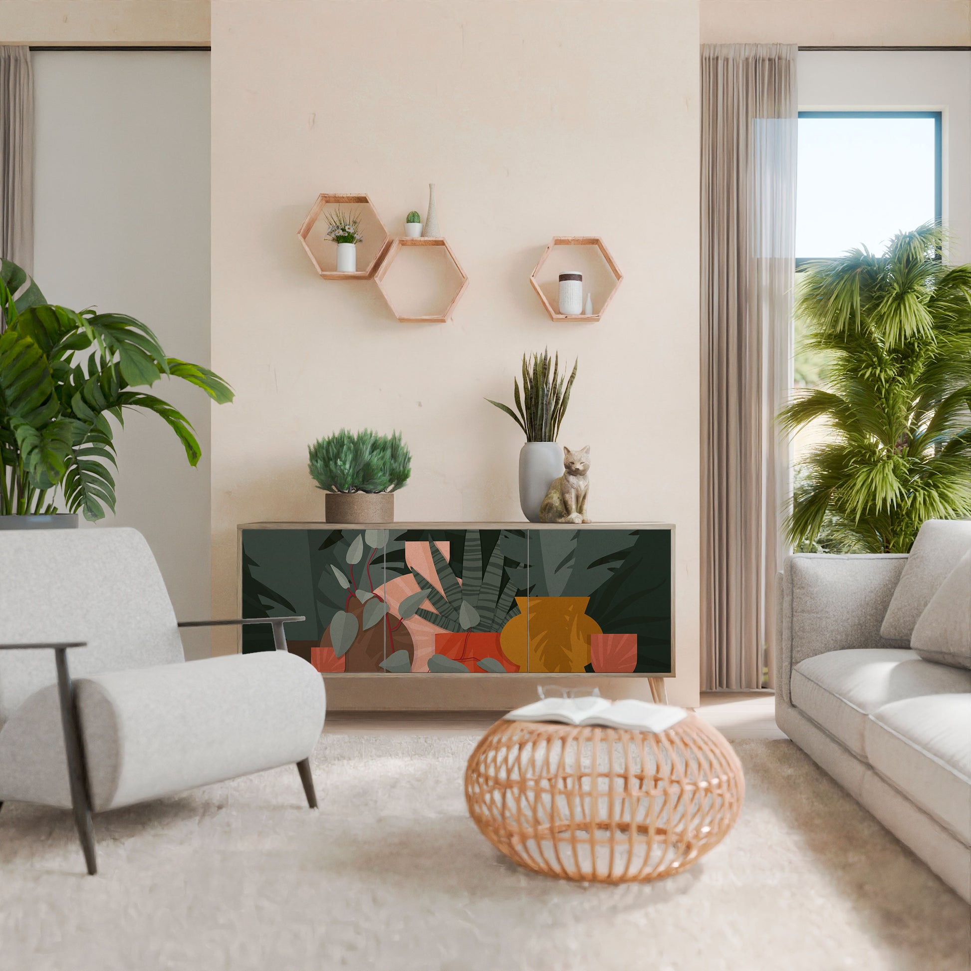 TROPICAL COMPOSITION 3-Door Sideboard in Oak Effect