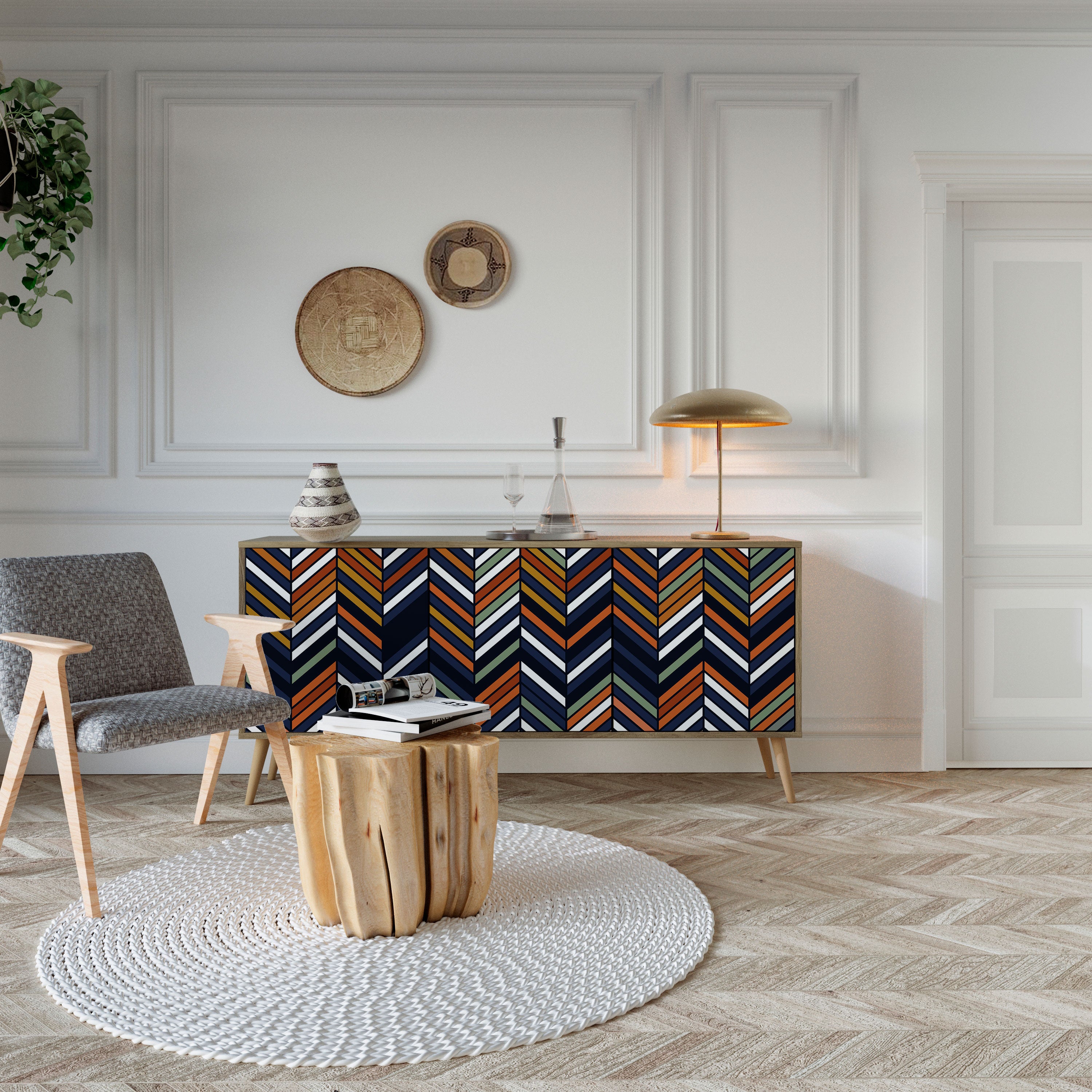 VIBRANT PATCHWORK 3-Door Sideboard in Oak Effect