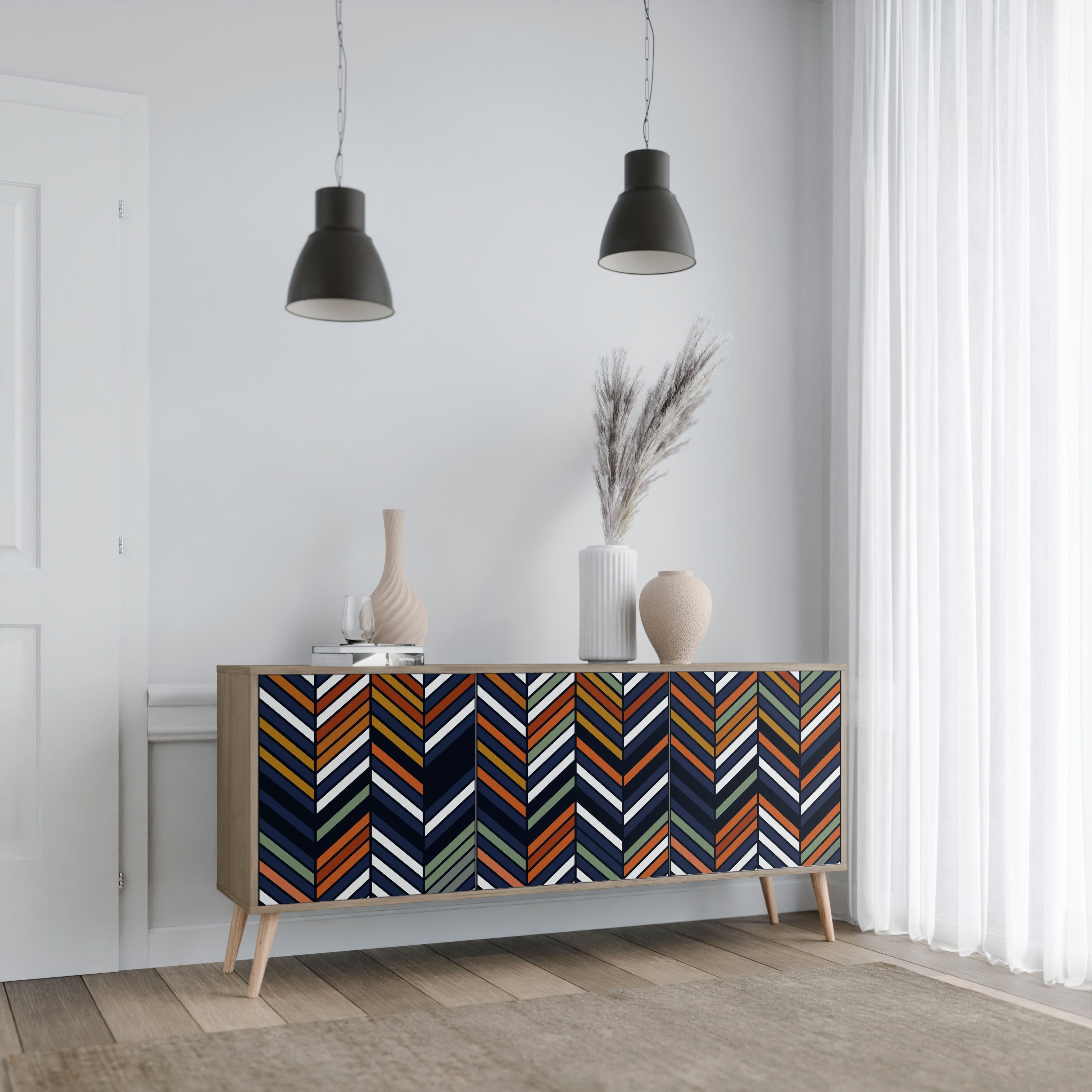 VIBRANT PATCHWORK 3-Door Sideboard in Oak Effect
