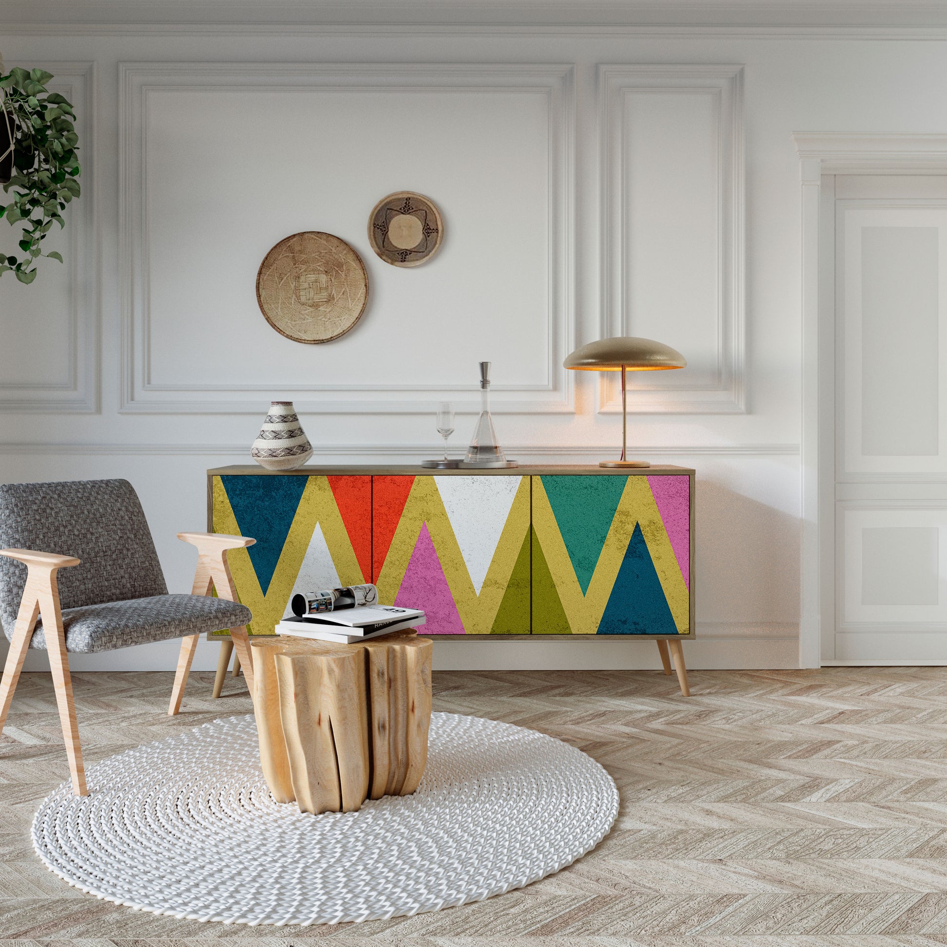 COLORFUL TRIANGLES 3-Door Sideboard in Oak Effect