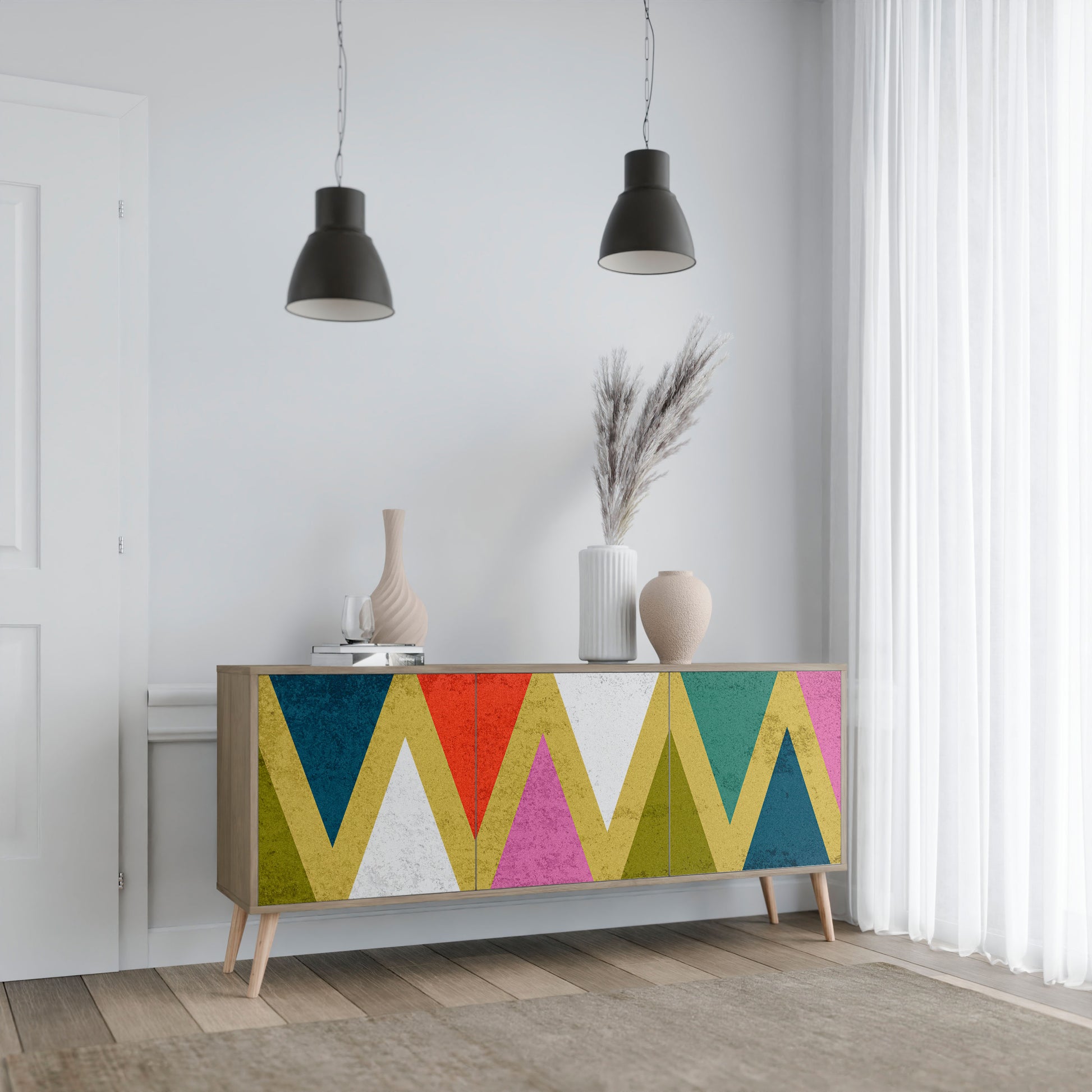 COLORFUL TRIANGLES 3-Door Sideboard in Oak Effect