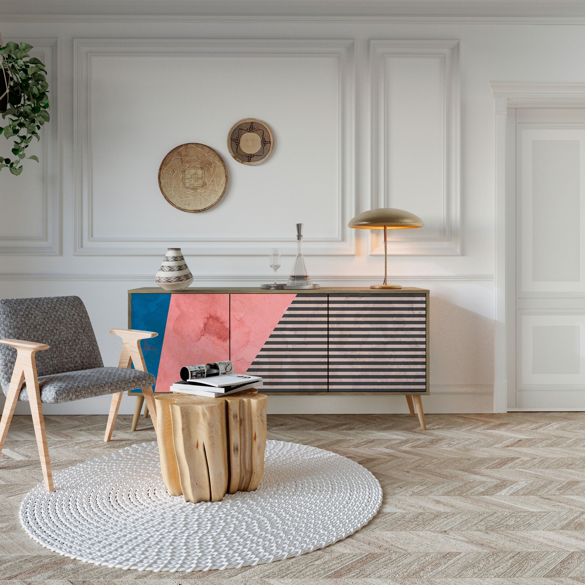 GLAMOROUS STRIPE 3-Door Sideboard in Oak Effect