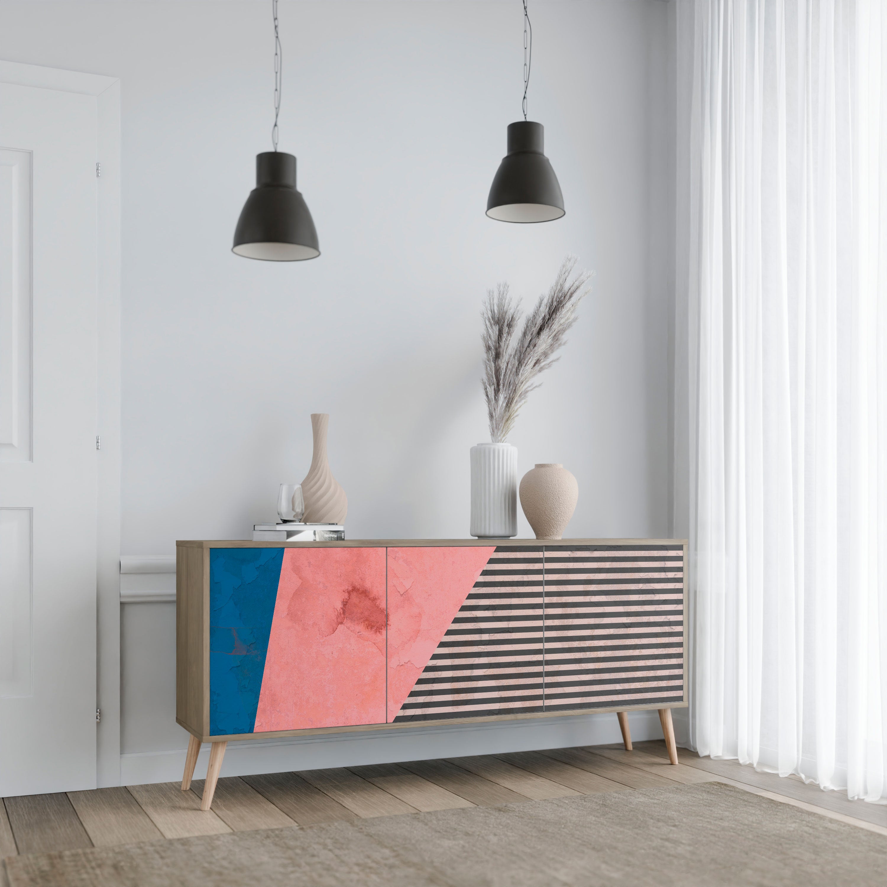 GLAMOROUS STRIPE 3-Door Sideboard in Oak Effect
