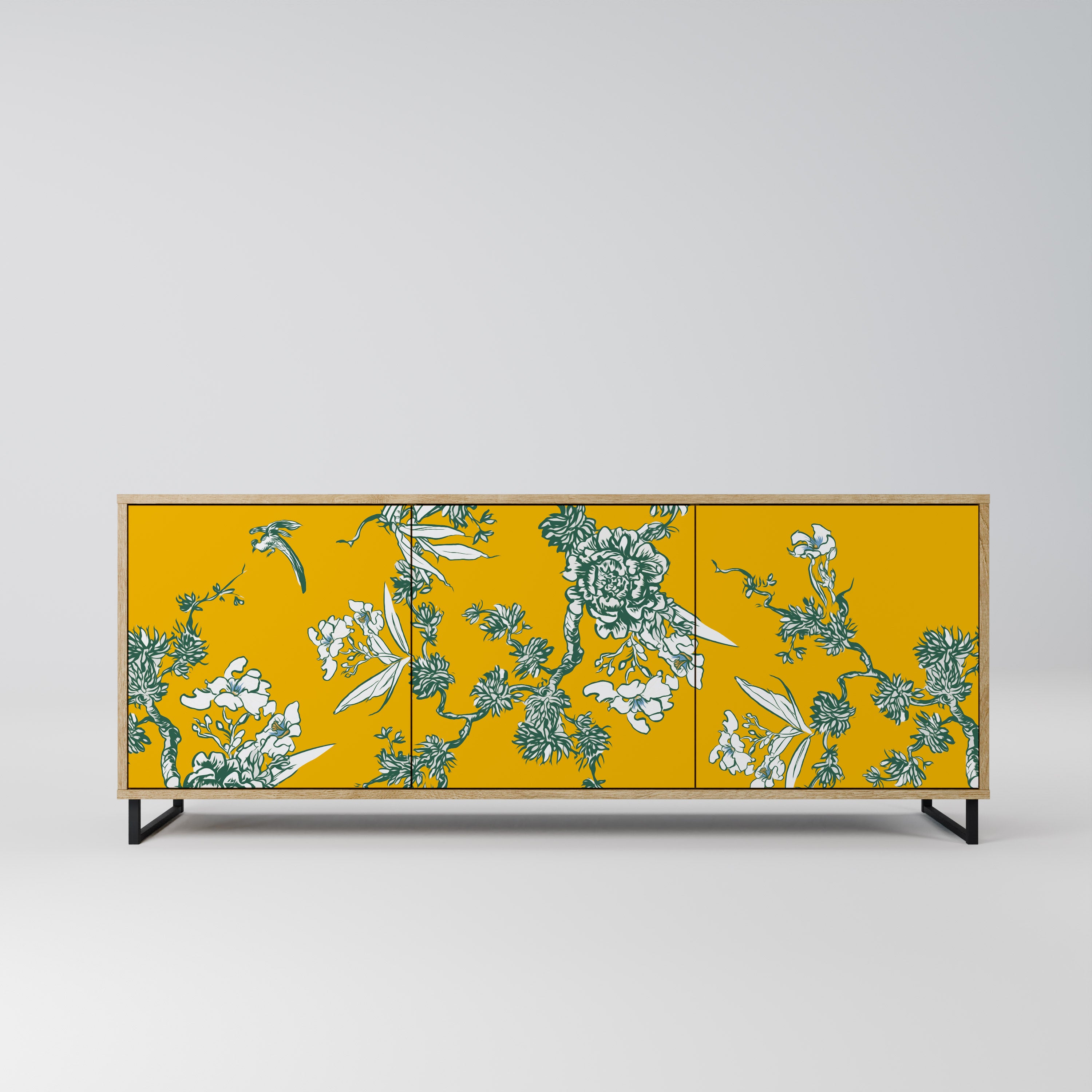 YELLOW CHINOISERIE 3-Door Sideboard in Oak Effect