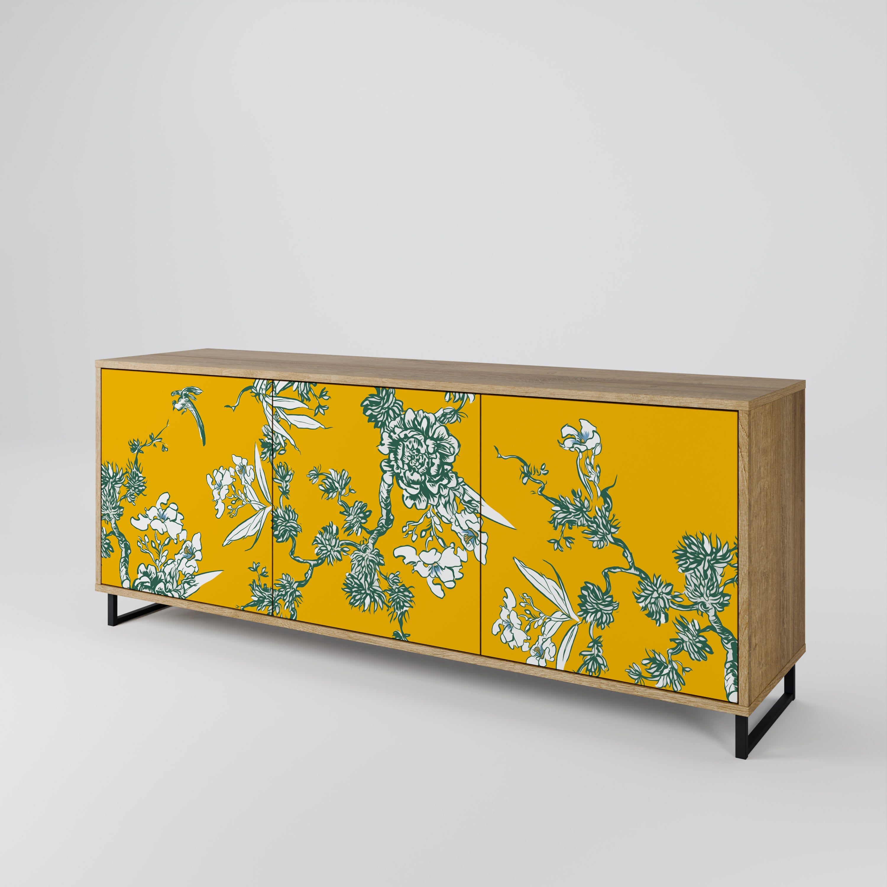 YELLOW CHINOISERIE 3-Door Sideboard in Oak Effect