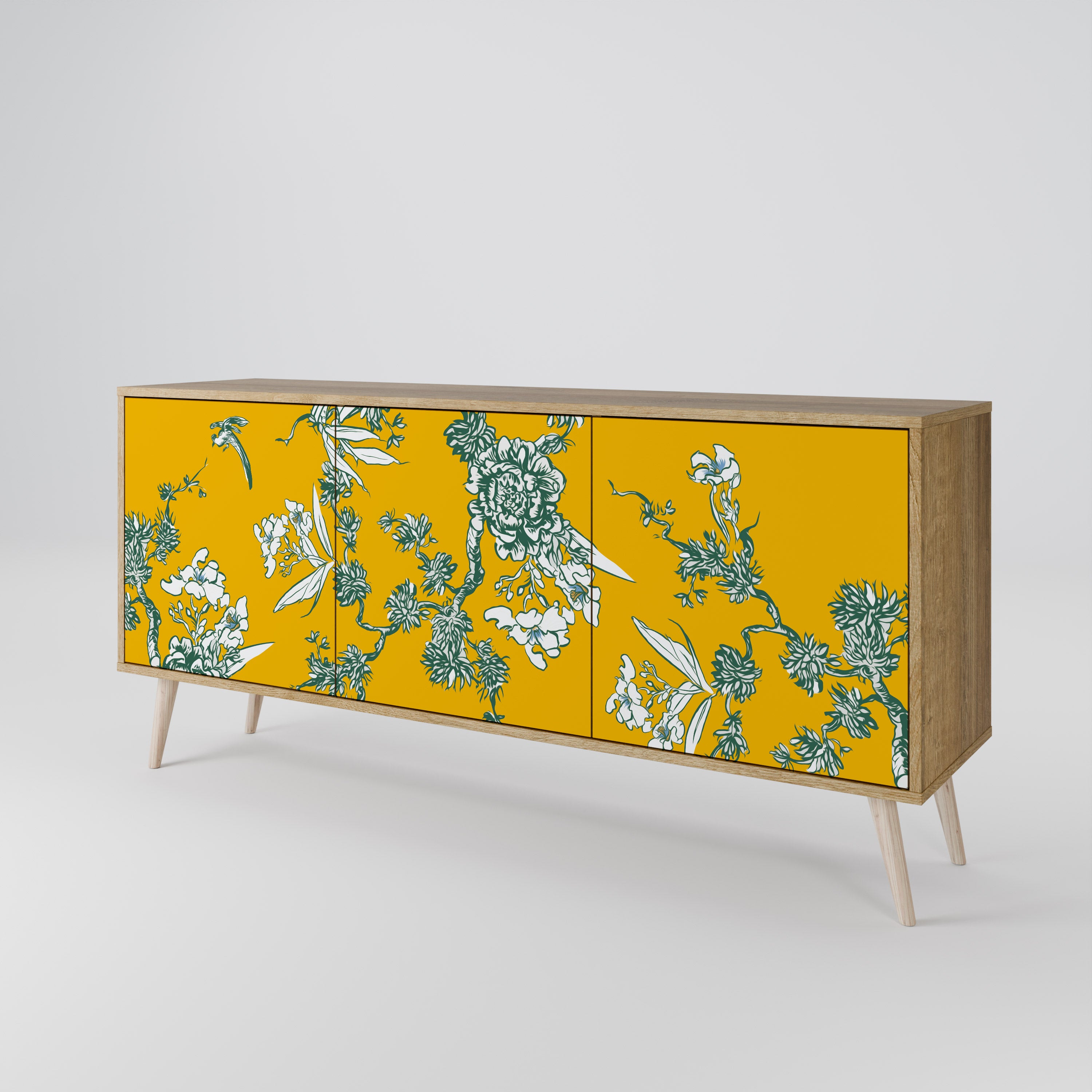 YELLOW CHINOISERIE 3-Door Sideboard in Oak Effect
