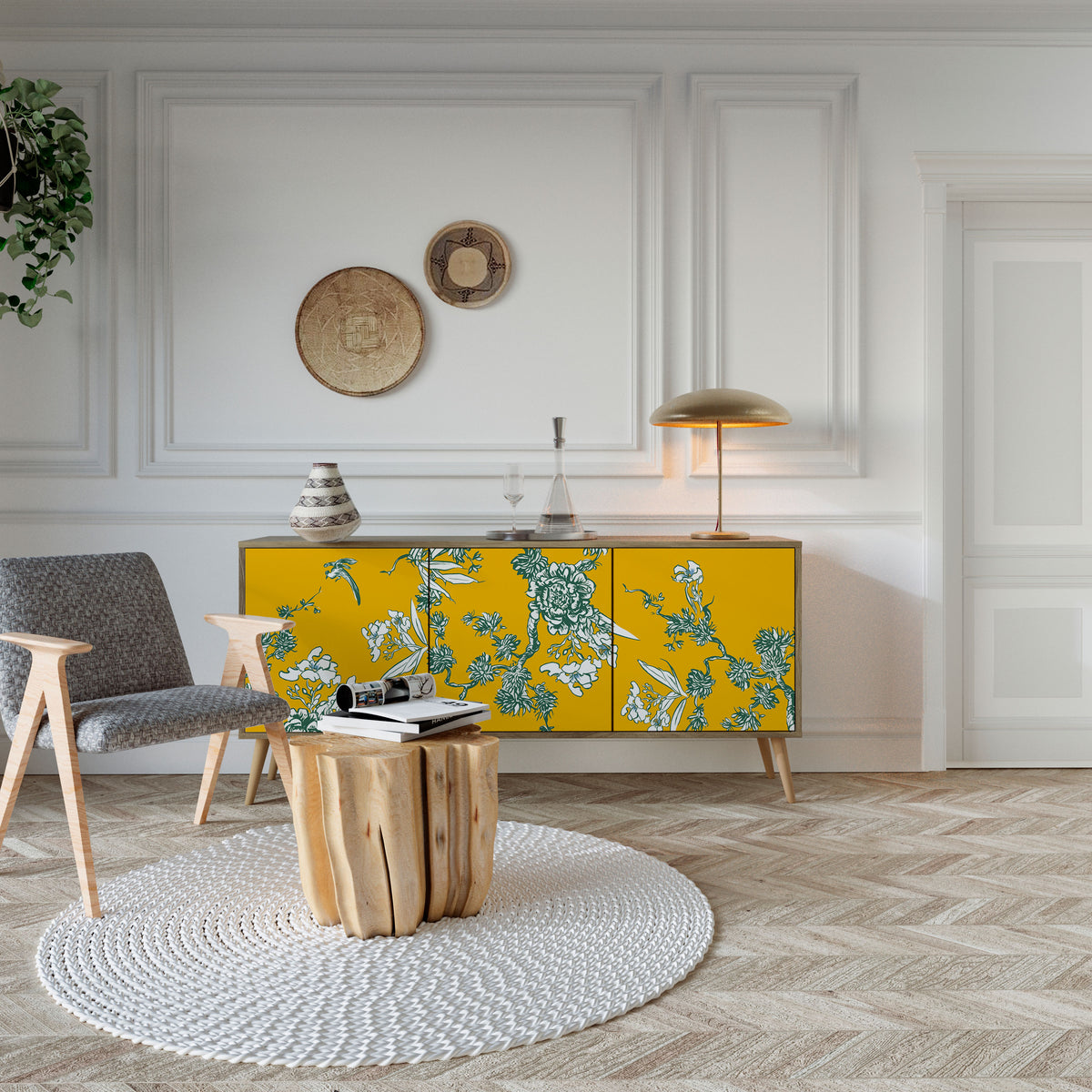 YELLOW CHINOISERIE 3-Door Sideboard