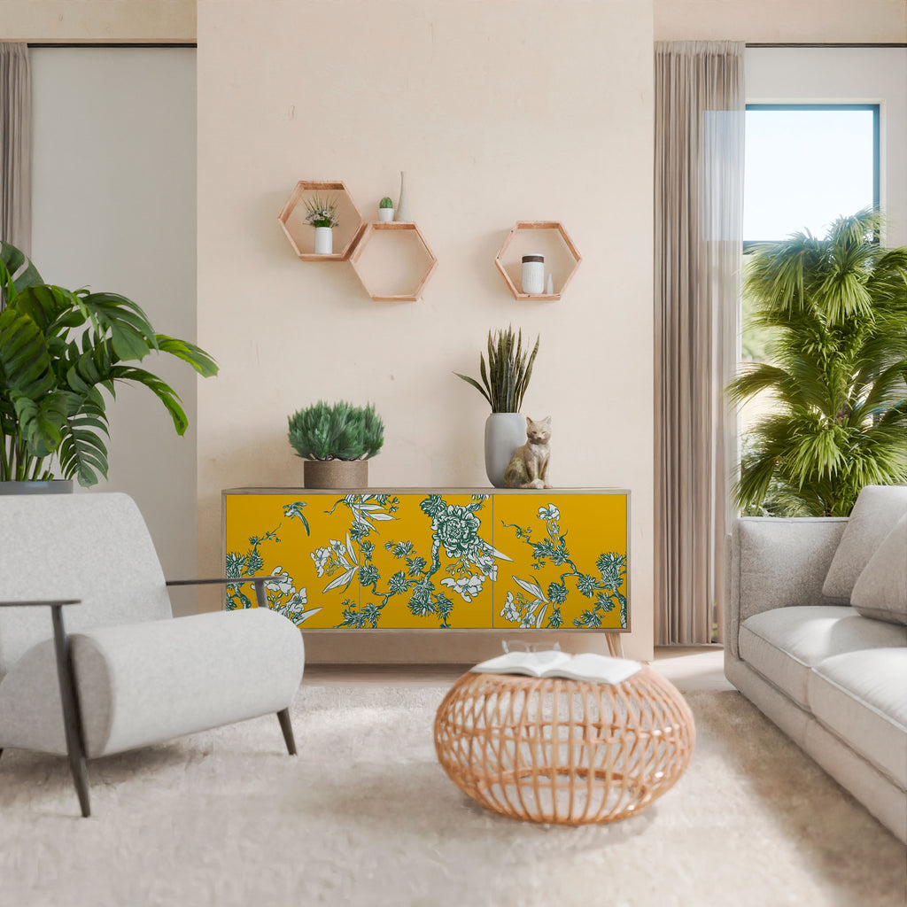 YELLOW CHINOISERIE 3-Door Sideboard in Oak Effect