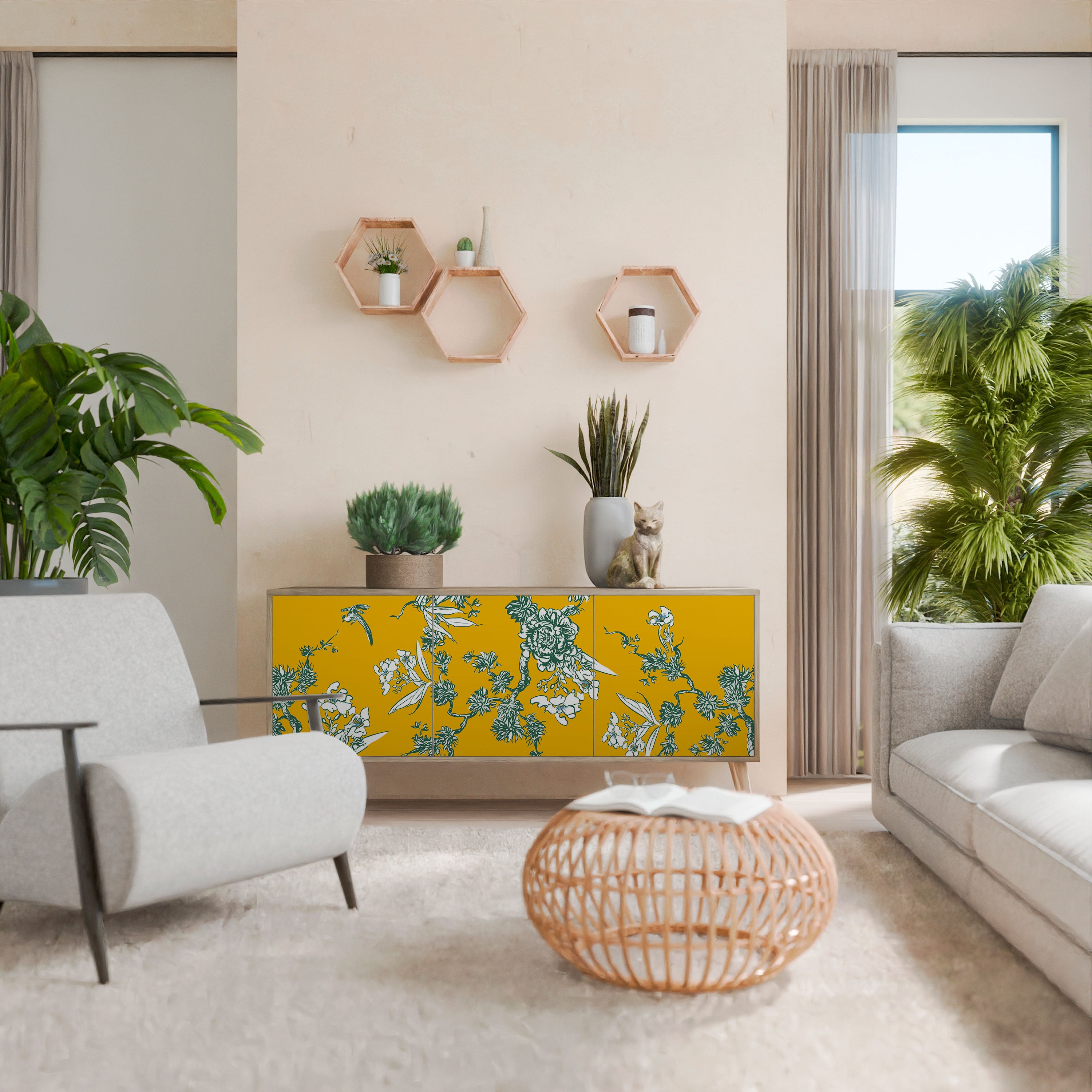 YELLOW CHINOISERIE 3-Door Sideboard in Oak Effect