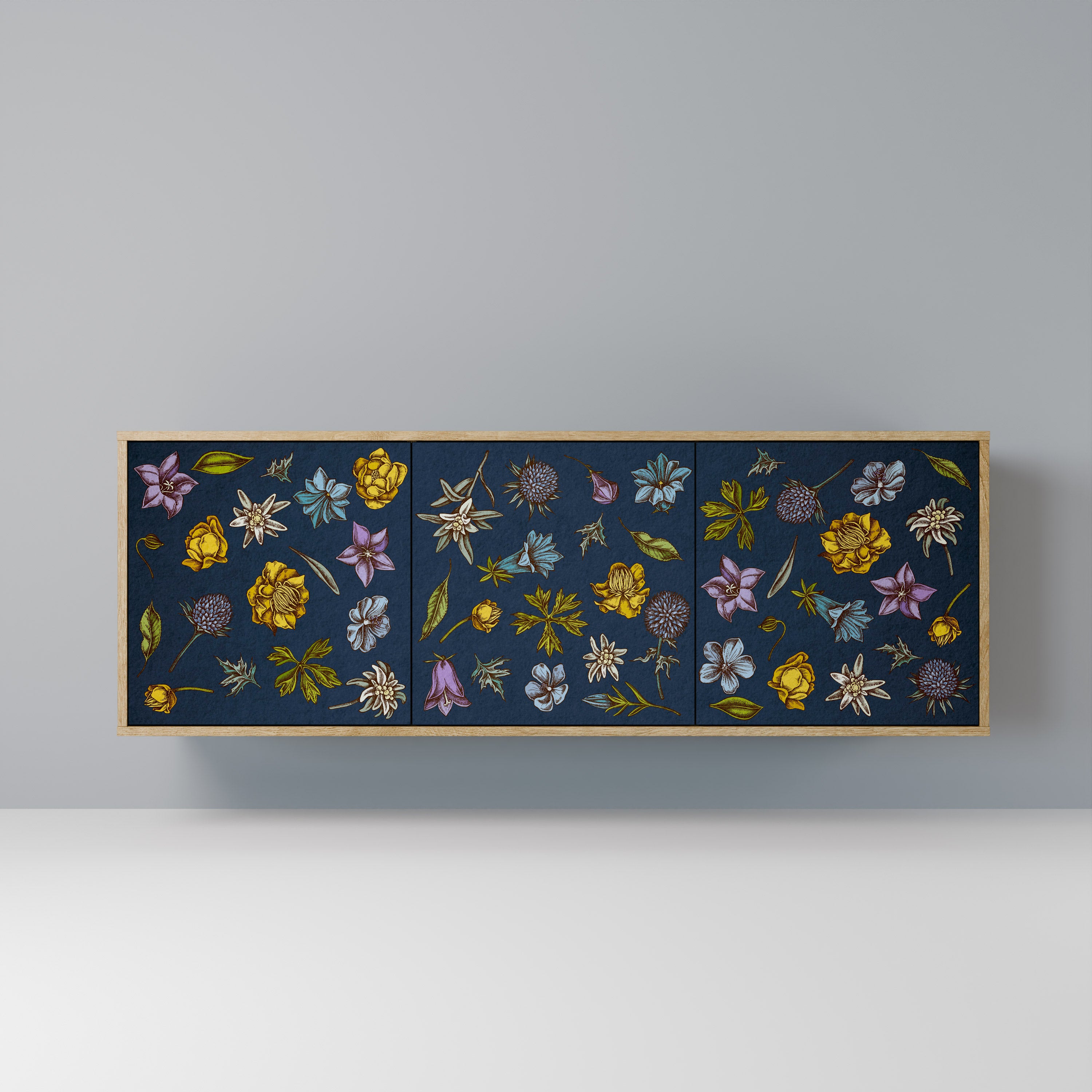 FLOWERS ON NAVY BLUE 3-Door Sideboard in Oak Effect