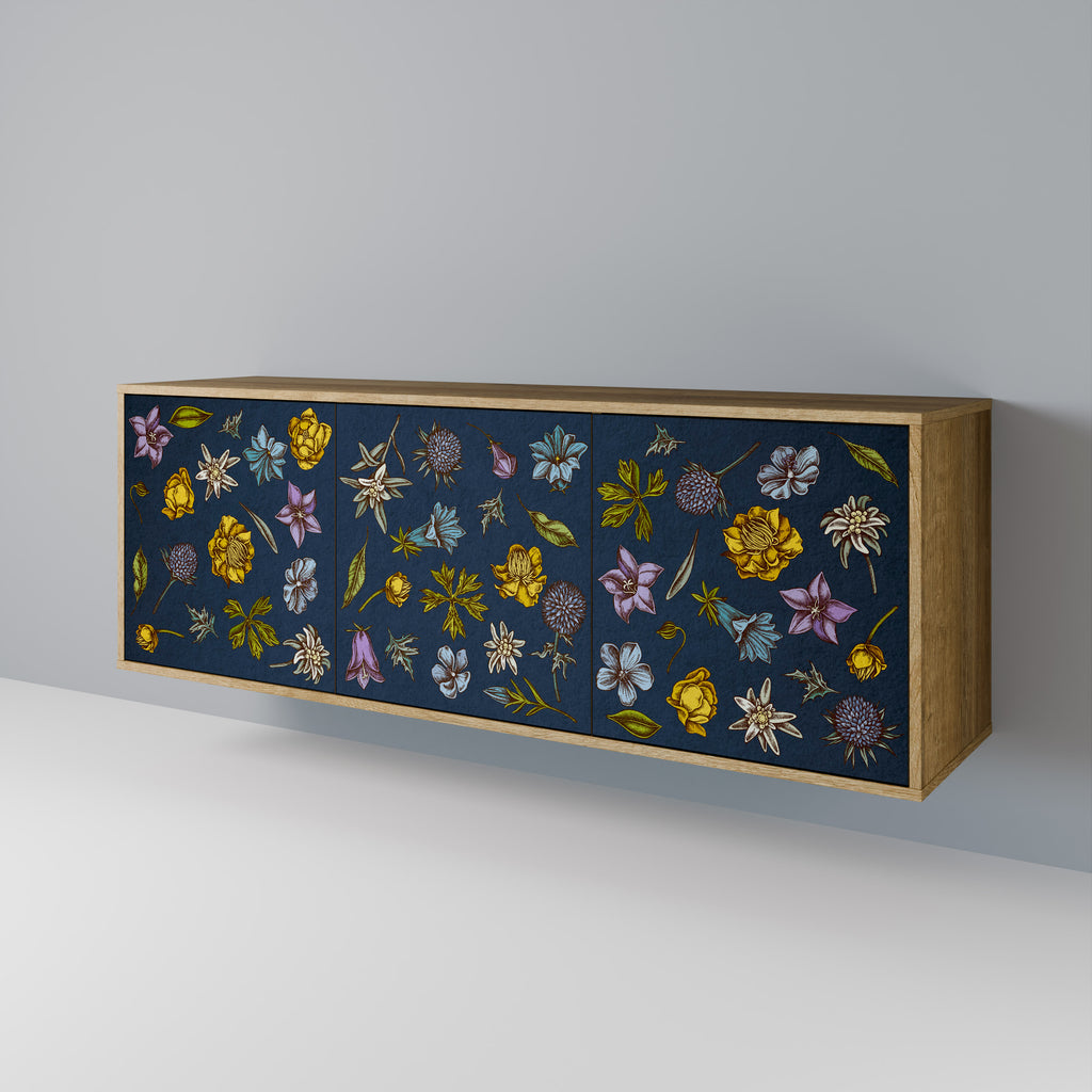 FLOWERS ON NAVY BLUE 3-Door Sideboard in Oak Effect