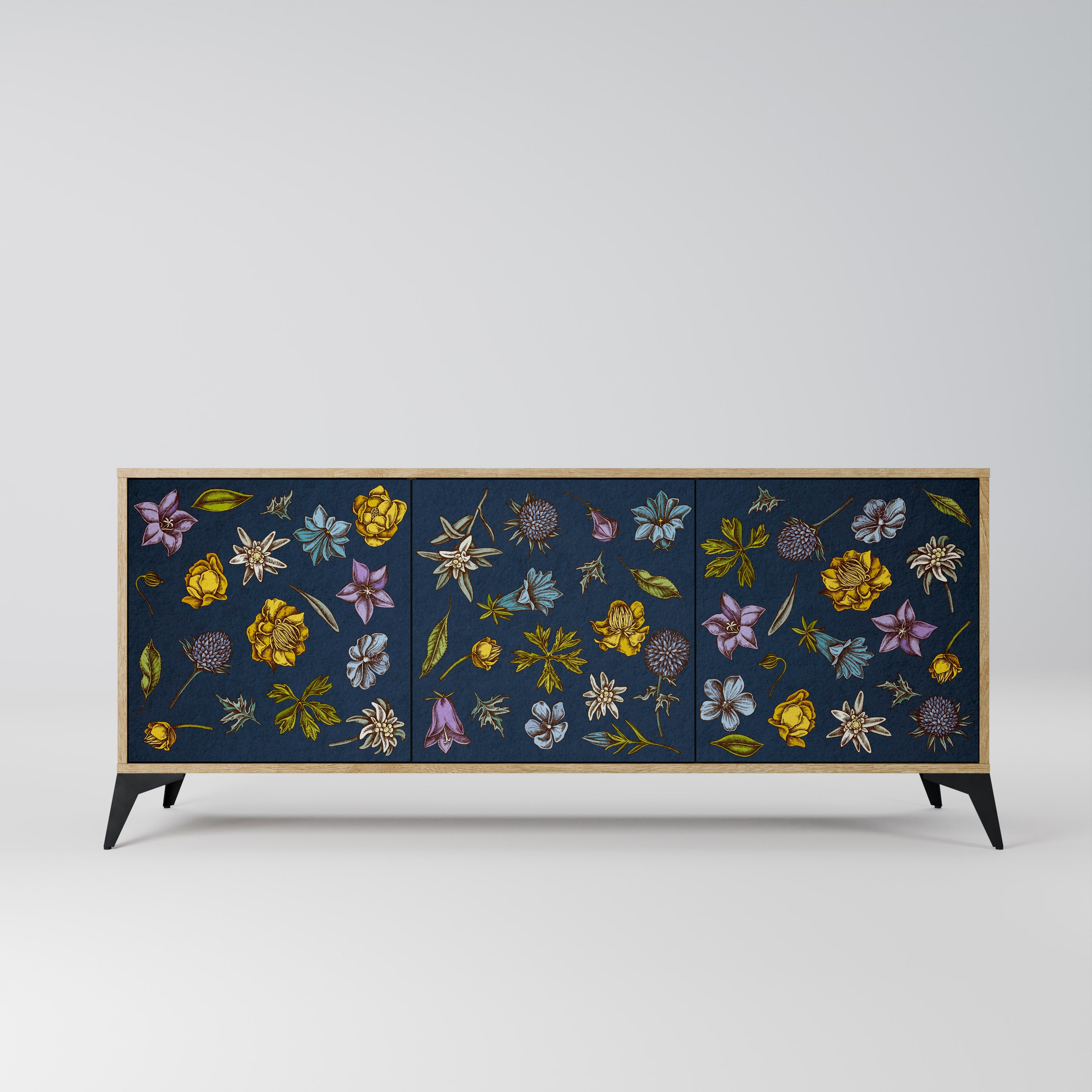FLOWERS ON NAVY BLUE 3-Door Sideboard in Oak Effect