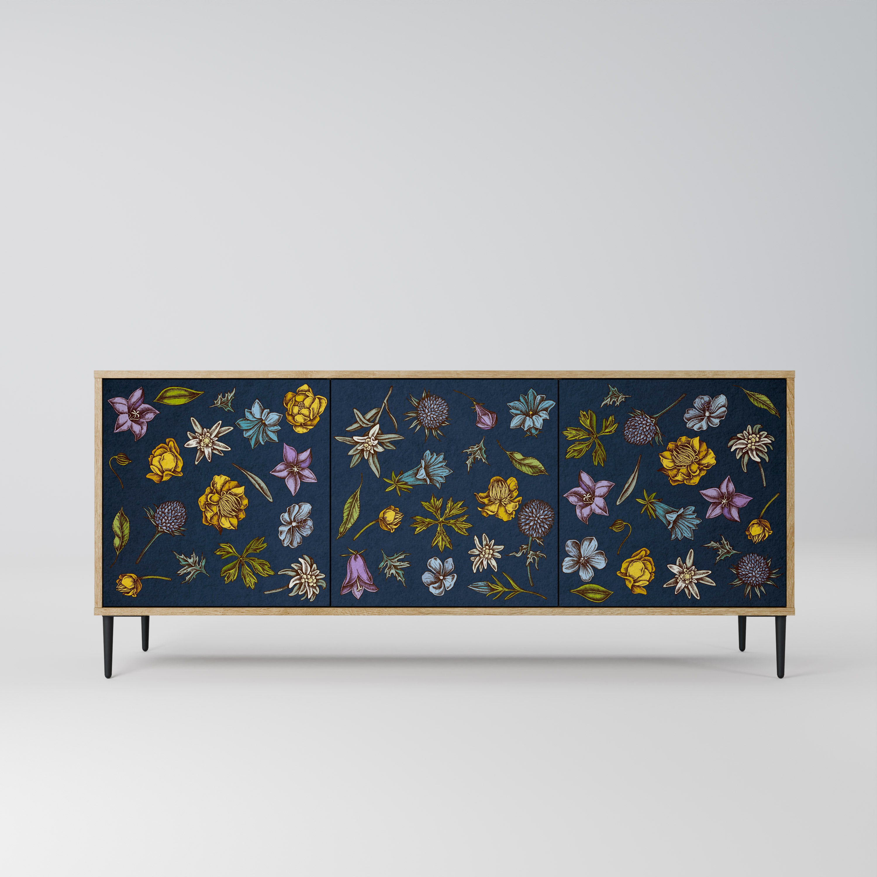 FLOWERS ON NAVY BLUE 3-Door Sideboard in Oak Effect