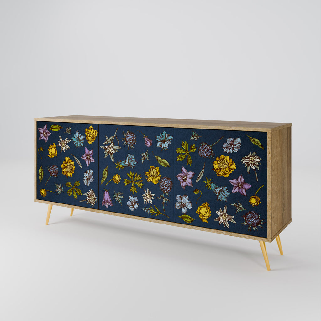 FLOWERS ON NAVY BLUE 3-Door Sideboard in Oak Effect
