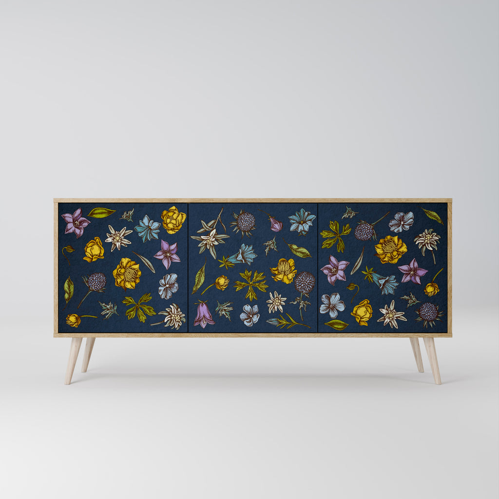 FLOWERS ON NAVY BLUE 3-Door Sideboard in Oak Effect