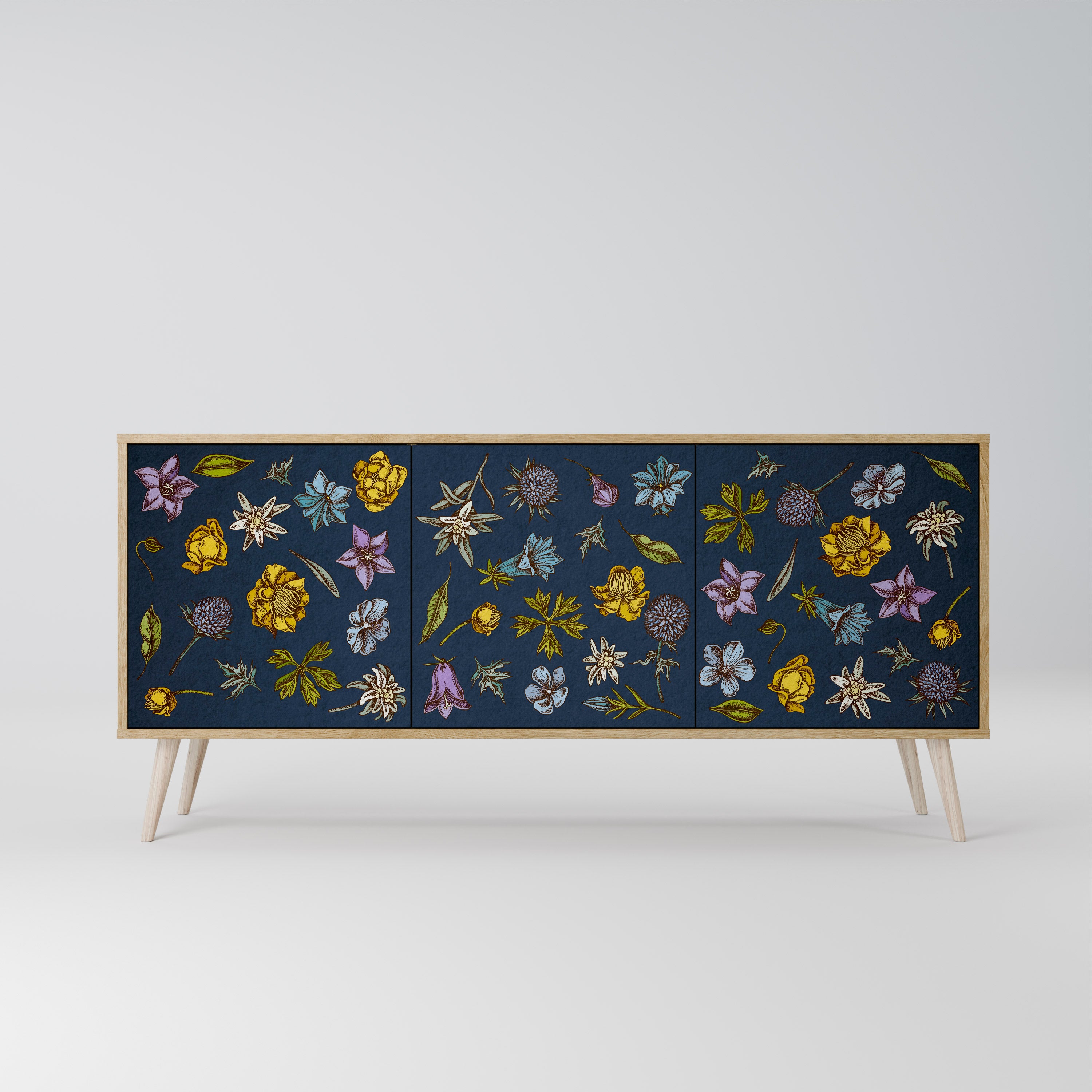 FLOWERS ON NAVY BLUE 3-Door Sideboard in Oak Effect