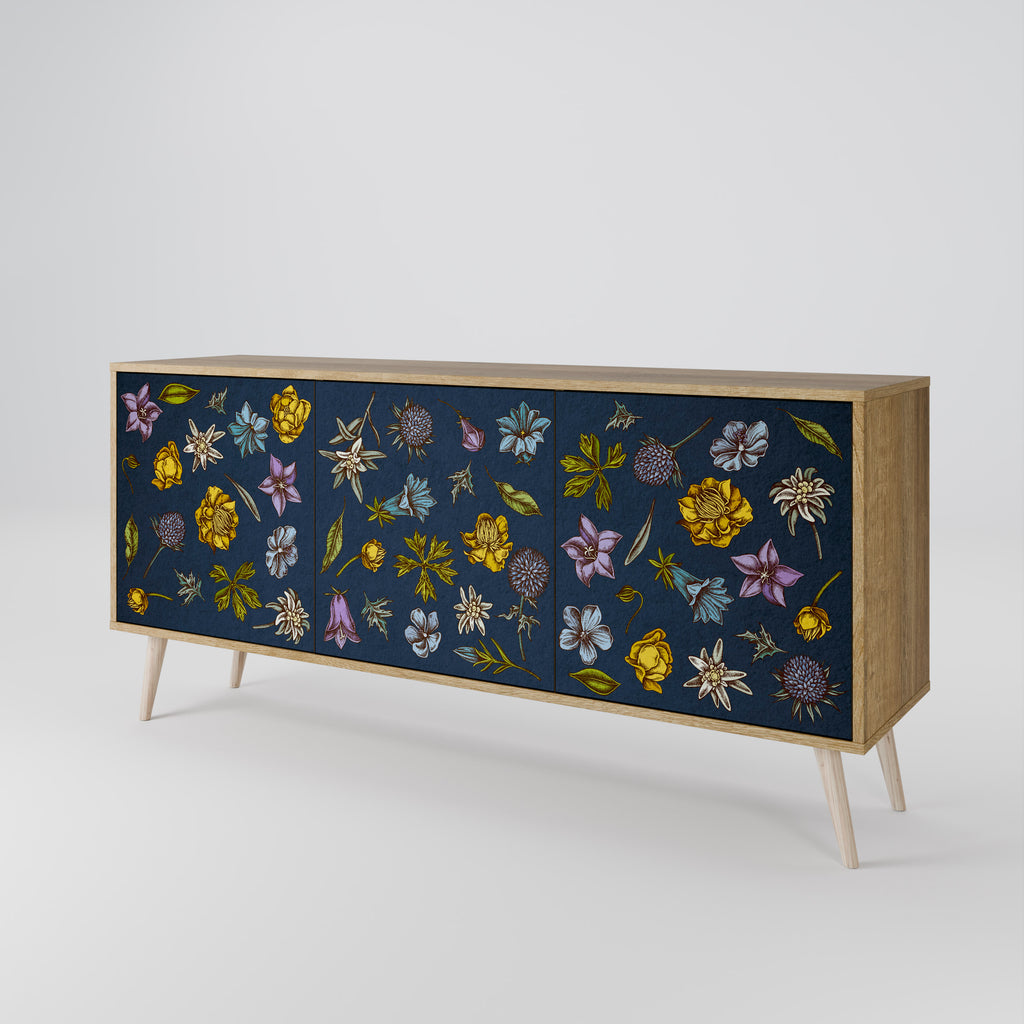 FLOWERS ON NAVY BLUE 3-Door Sideboard in Oak Effect