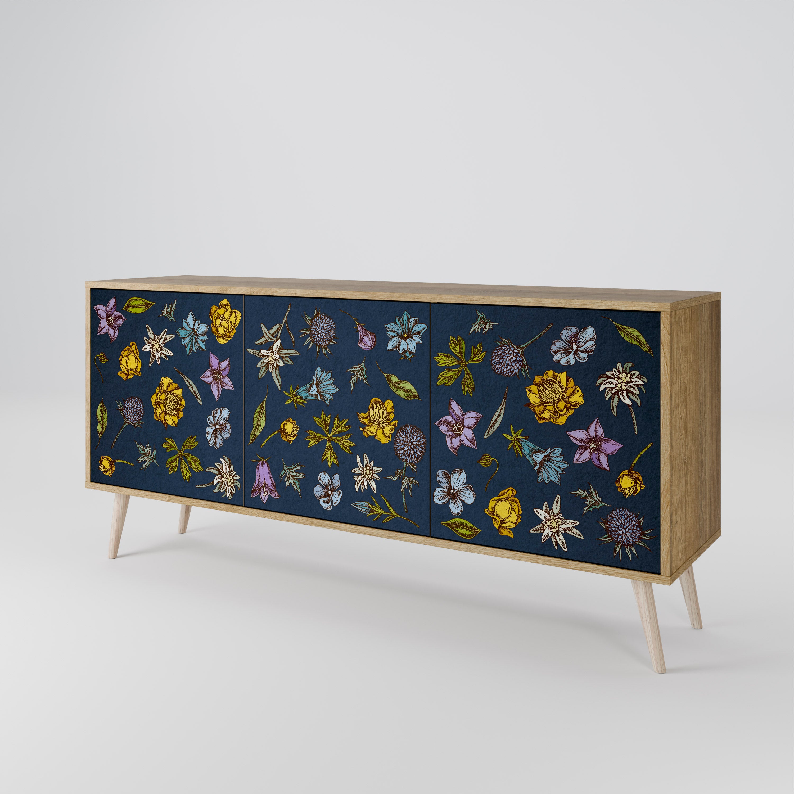 FLOWERS ON NAVY BLUE 3-Door Sideboard in Oak Effect