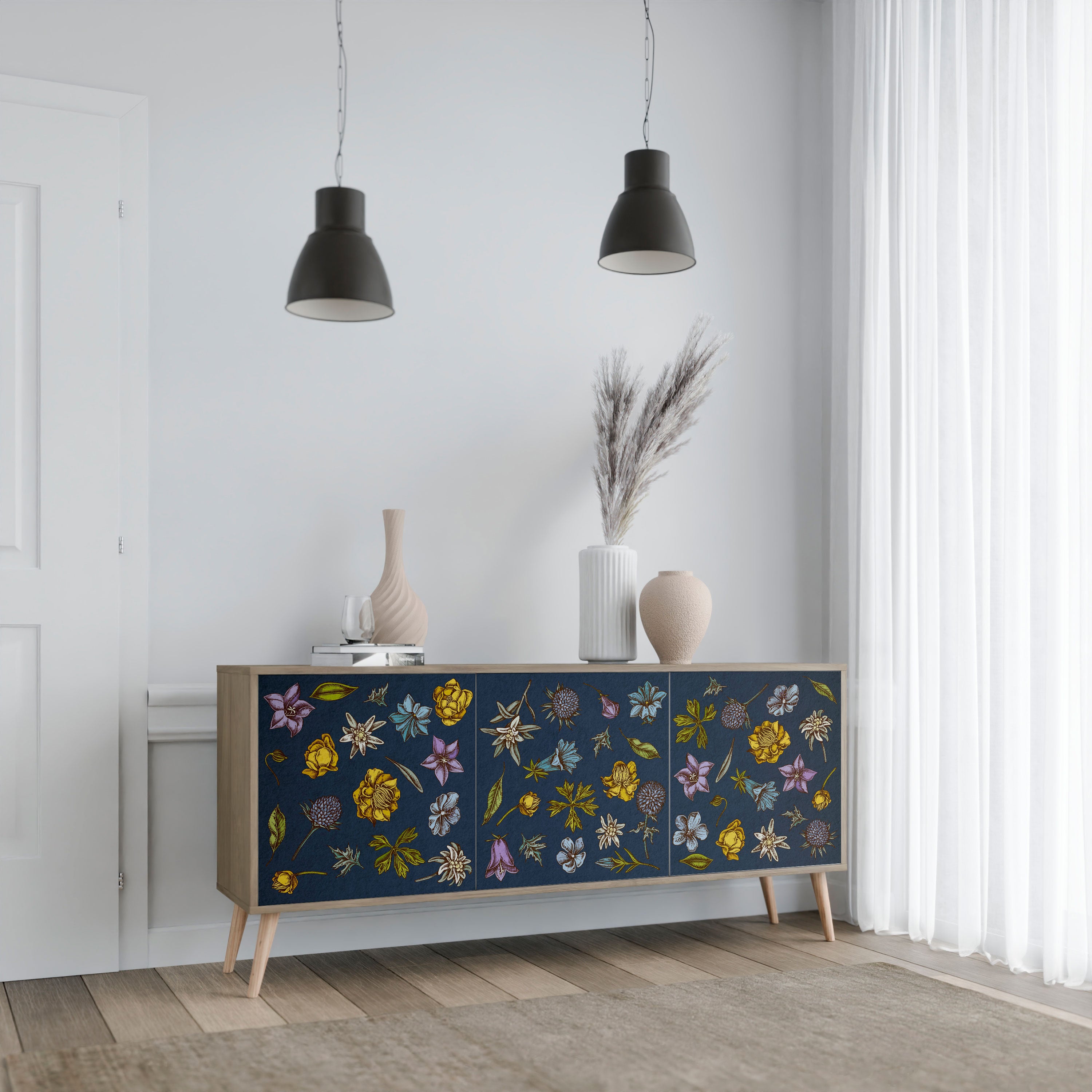 FLOWERS ON NAVY BLUE 3-Door Sideboard in Oak Effect