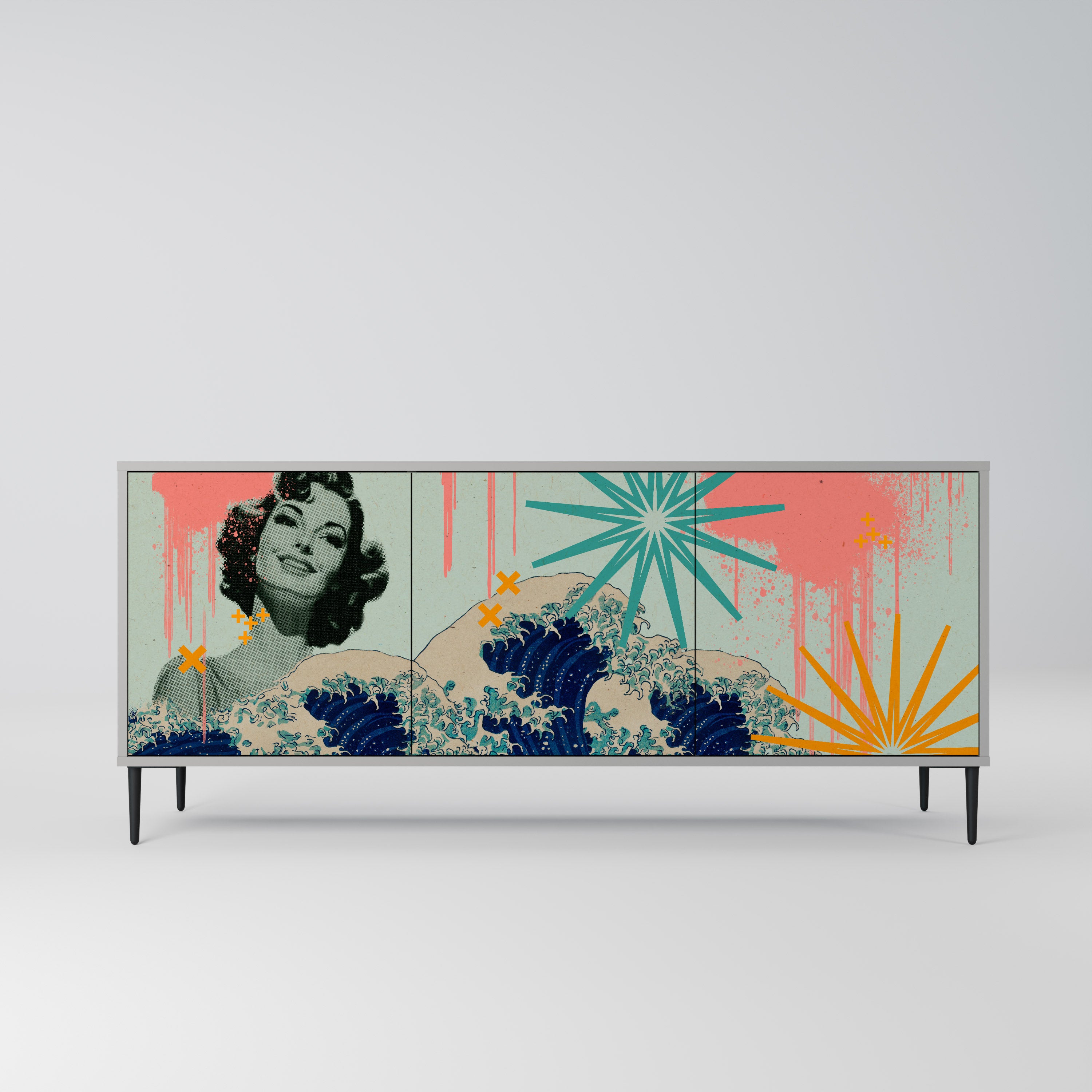 KANAGAWA BEAUTY 3-Door Sideboard in Grey Finish