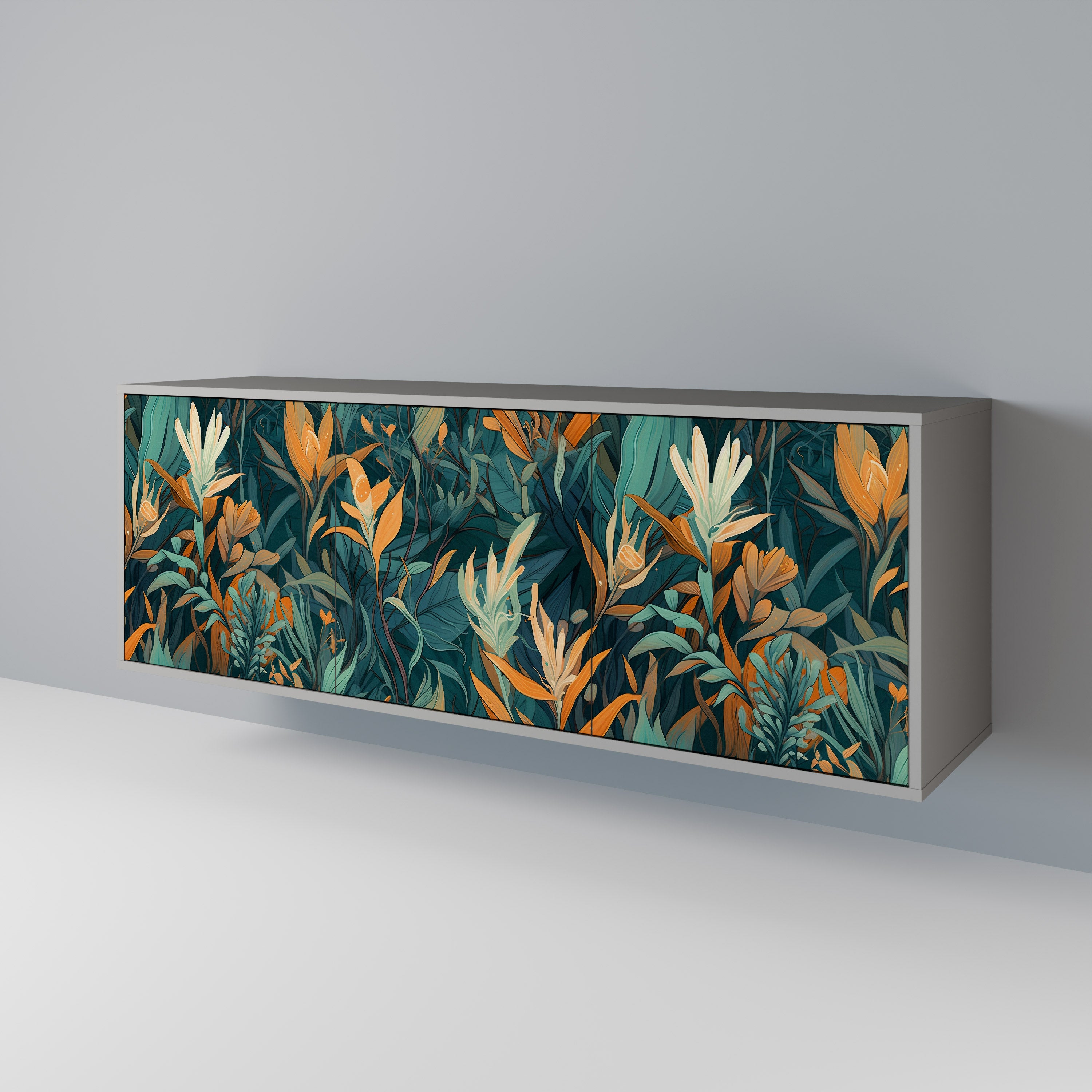 FLORAL SERENITY 3-Door Sideboard in Grey Finish