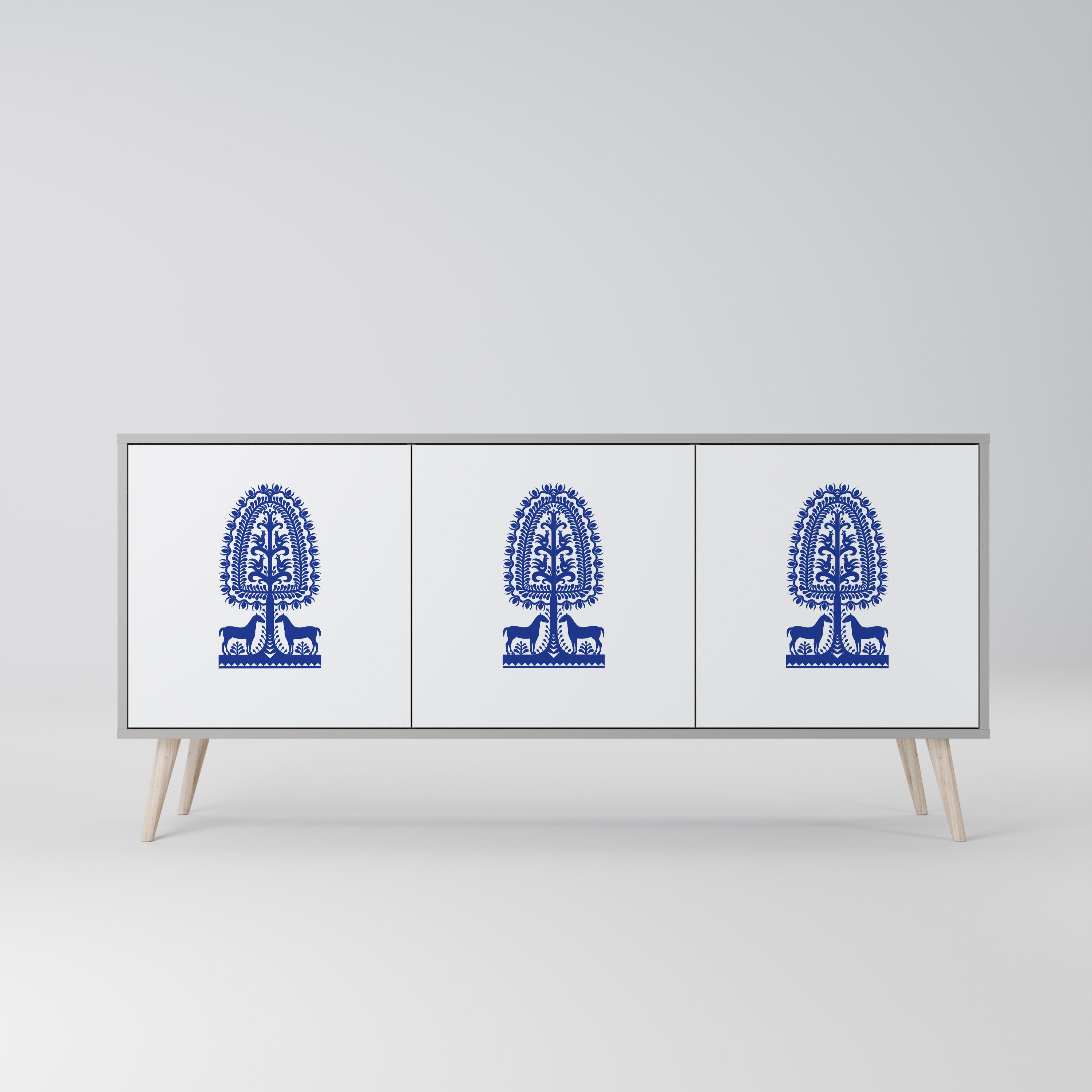 POLISH FOLK ART 3-Door Sideboard in Grey Finish